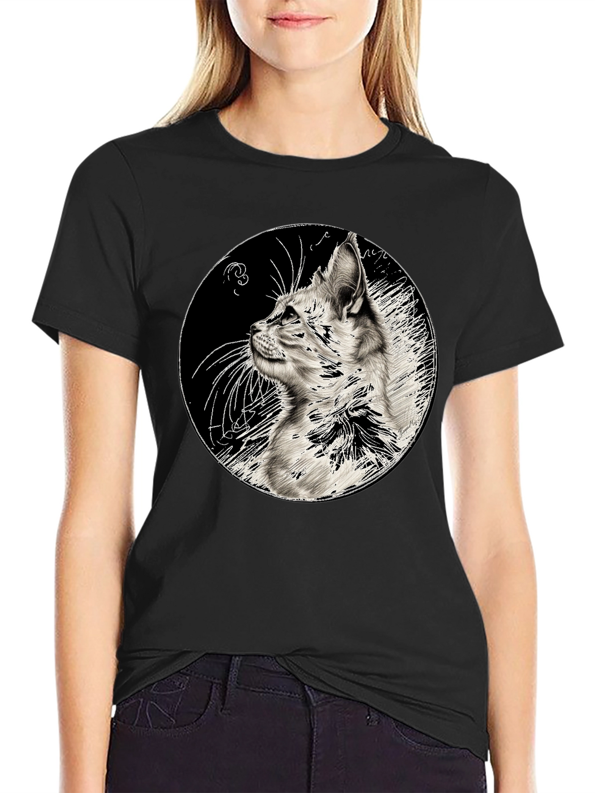 Cat Art Print Black T-Shirt
