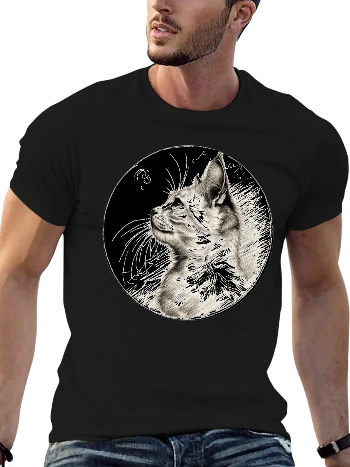 Cat Art Print Black T-Shirt