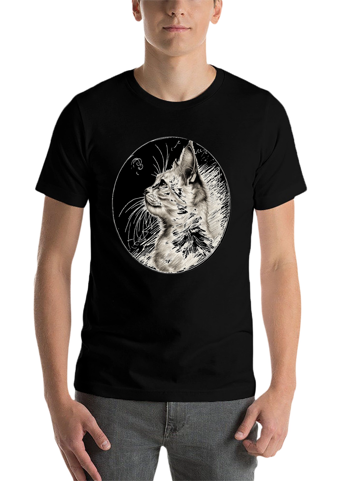 Cat Art Print Black T-Shirt
