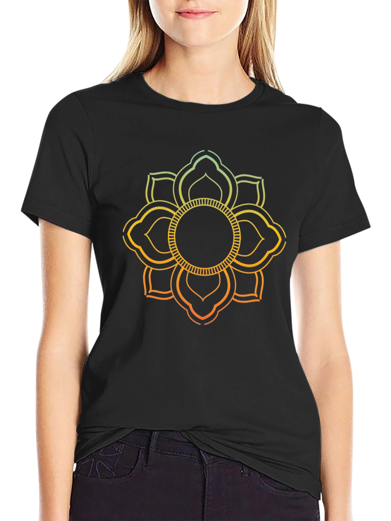 Lotus Mandala Graphic Print Black T-Shirt