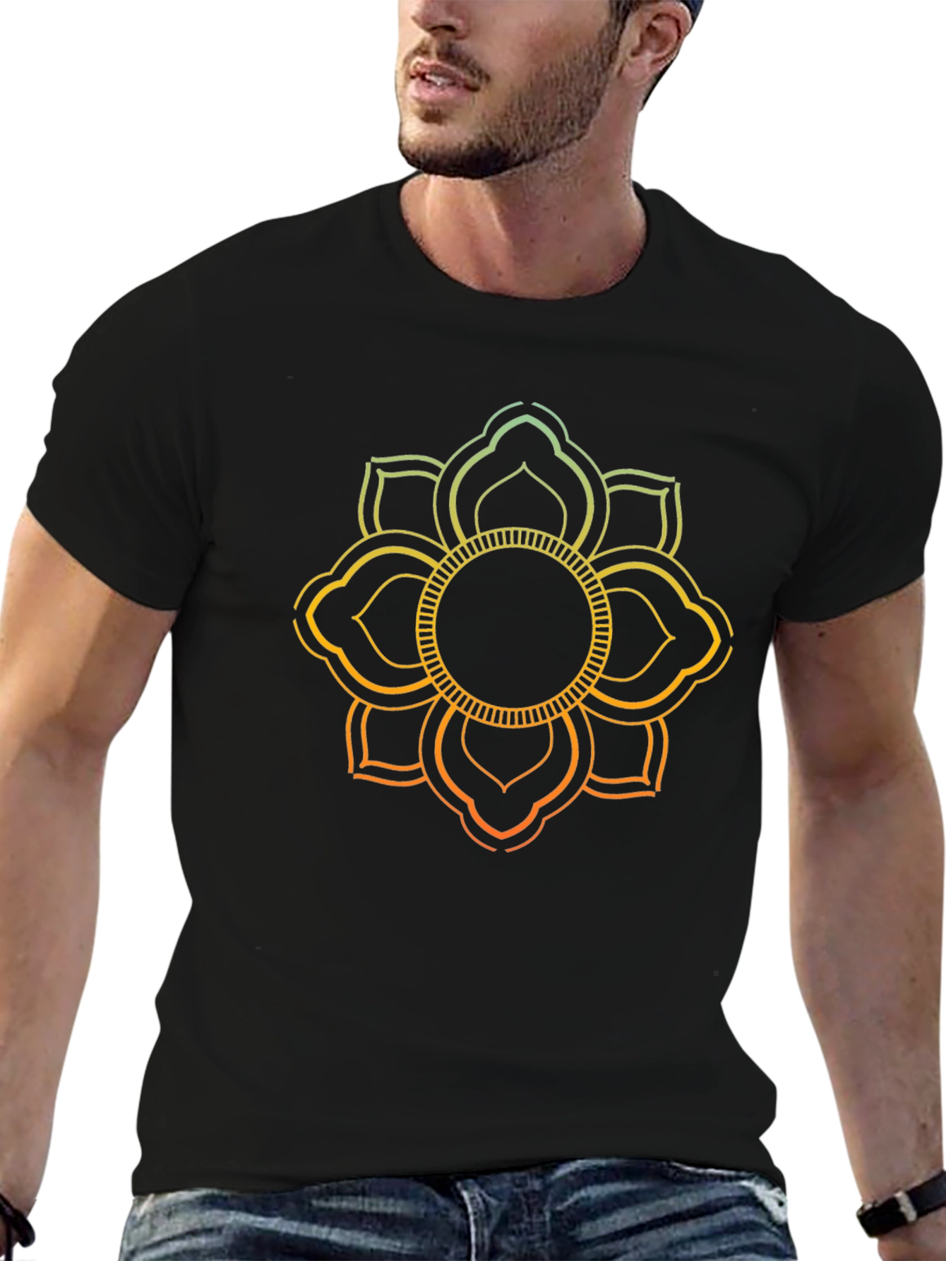 Lotus Mandala Graphic Print Black T-Shirt