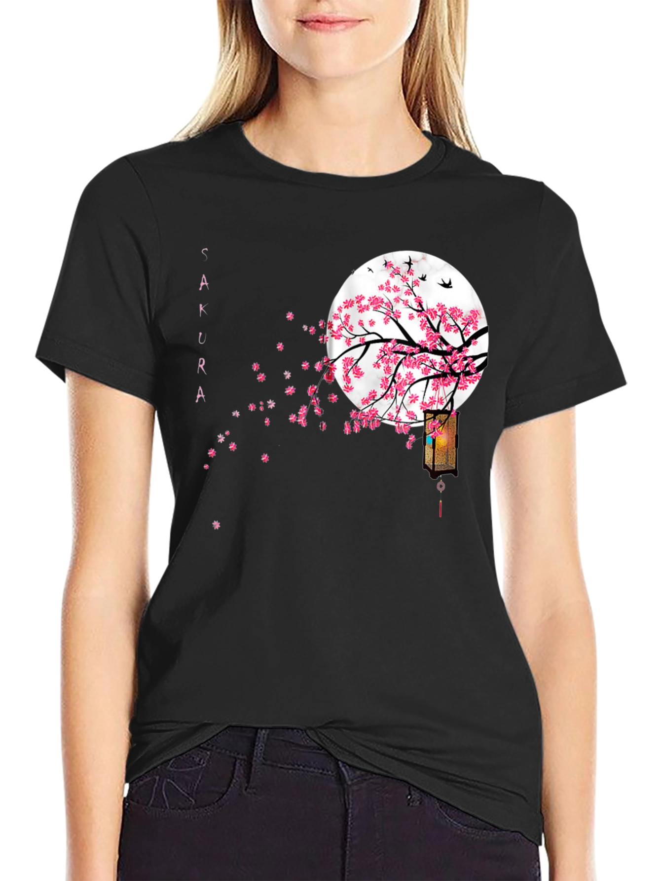 Sakura Moon Black T-Shirt Japanese Style