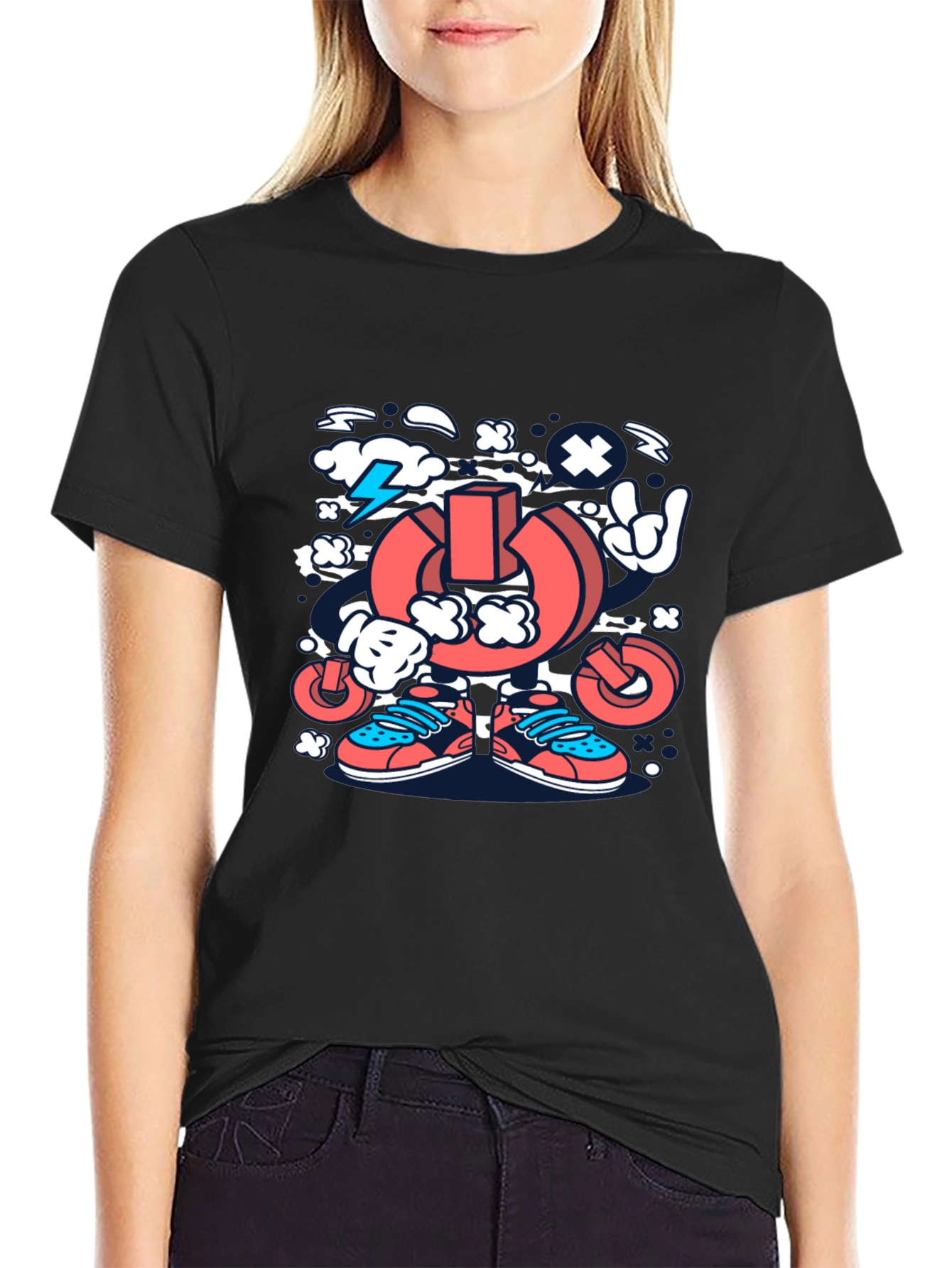 Cartoon Power Button Black T-Shirt