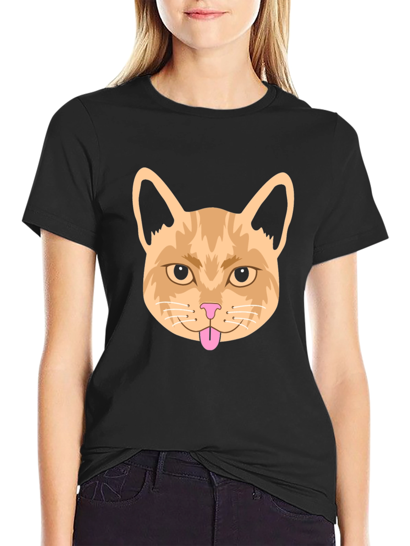 Funny Cat Face Graphic Tee - Black