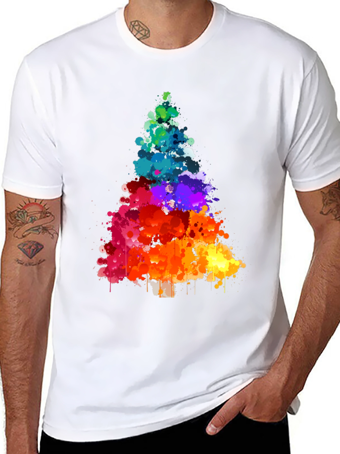 Rainbow Splatter Christmas Tree Black T-Shirt