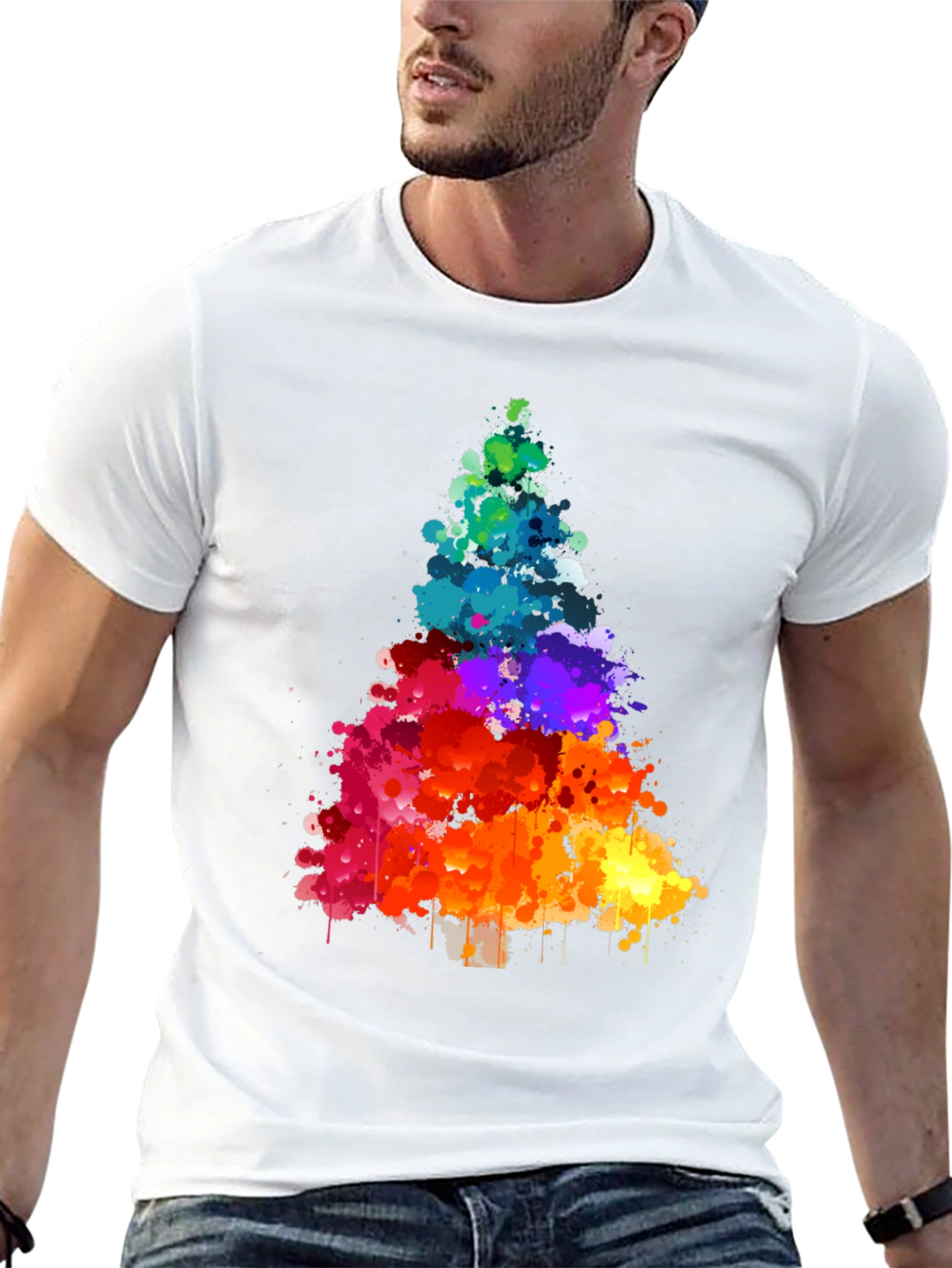 Rainbow Splatter Christmas Tree Black T-Shirt