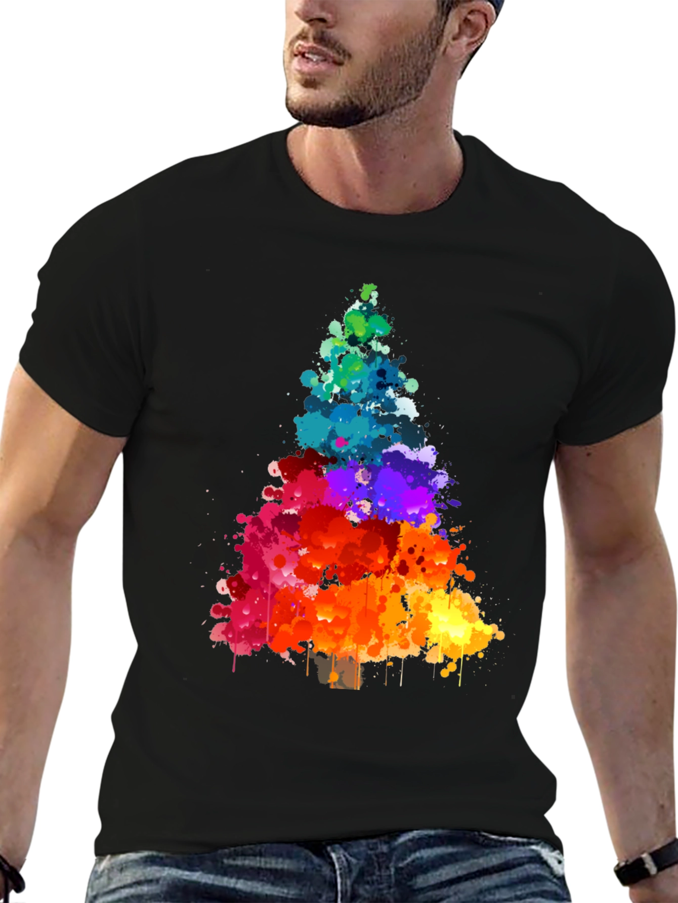 Rainbow Splatter Christmas Tree Black T-Shirt