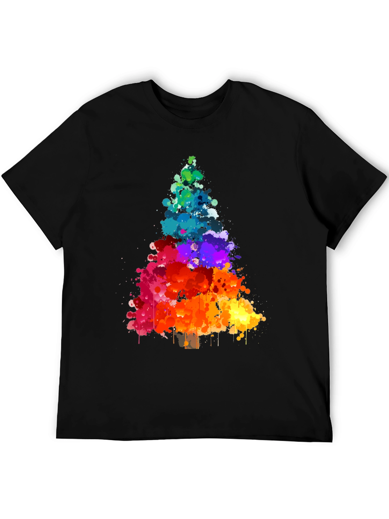Rainbow Splatter Christmas Tree Black T-Shirt