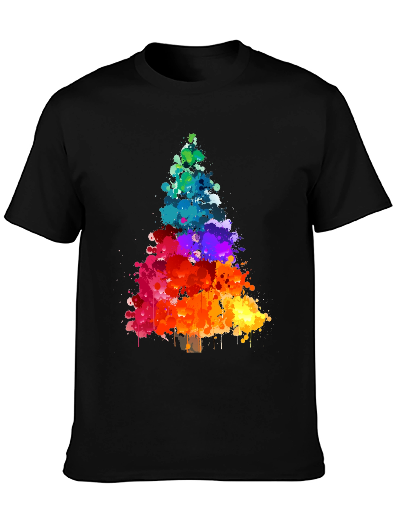 Rainbow Splatter Christmas Tree Black T-Shirt