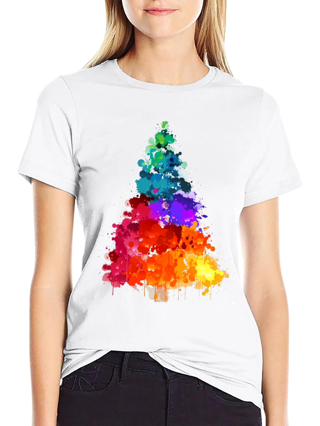 Rainbow Splatter Christmas Tree Black T-Shirt