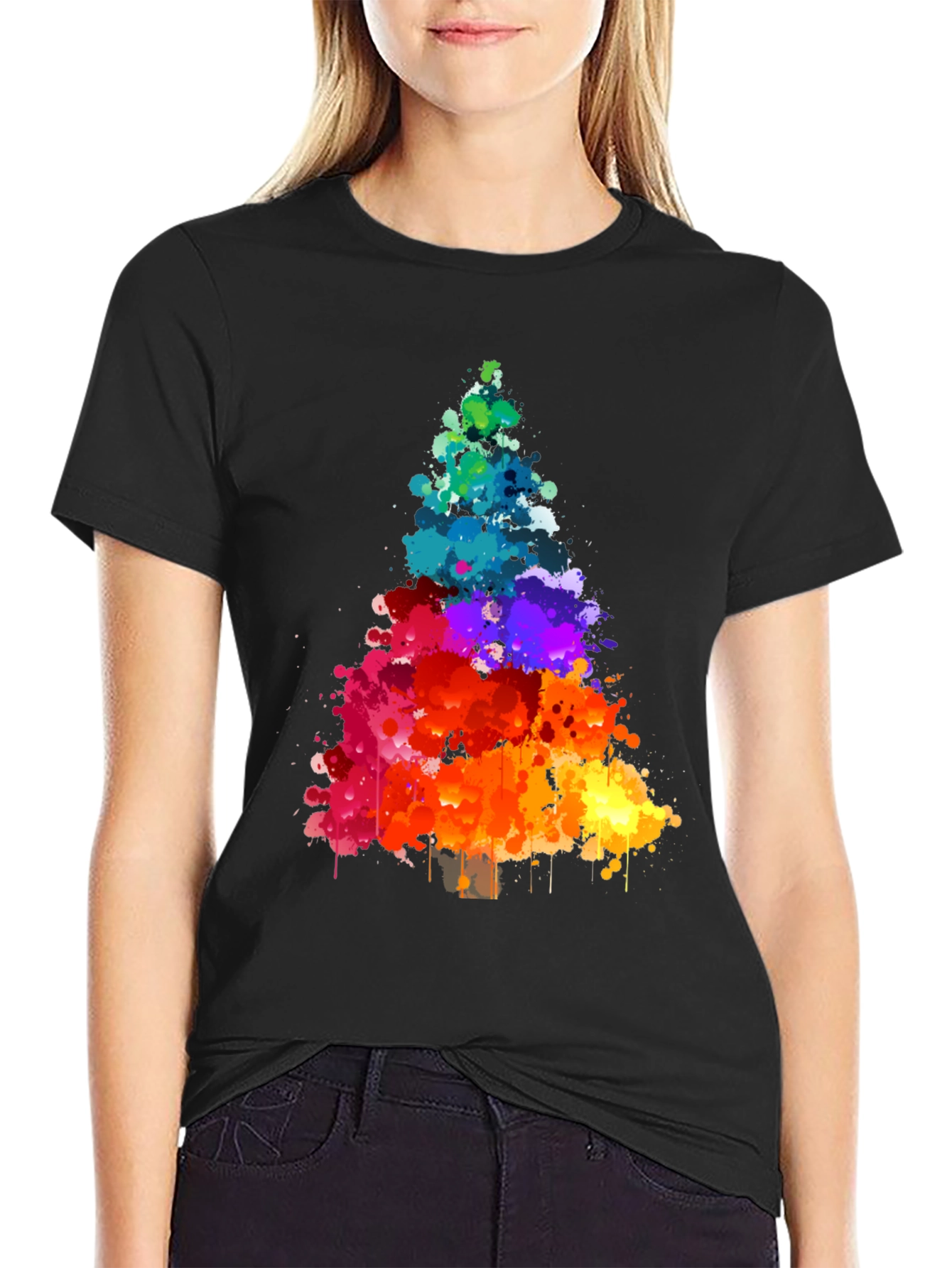 Rainbow Splatter Christmas Tree Black T-Shirt
