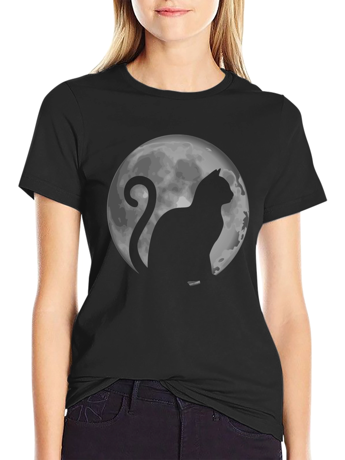 Cat & Moon Graphic Tee - Black Cotton T-Shirt