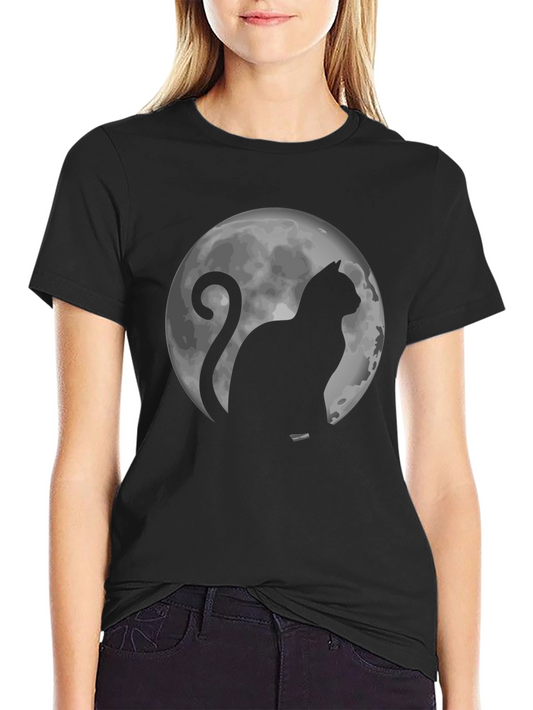Cat & Moon Graphic Tee - Black Cotton T-Shirt