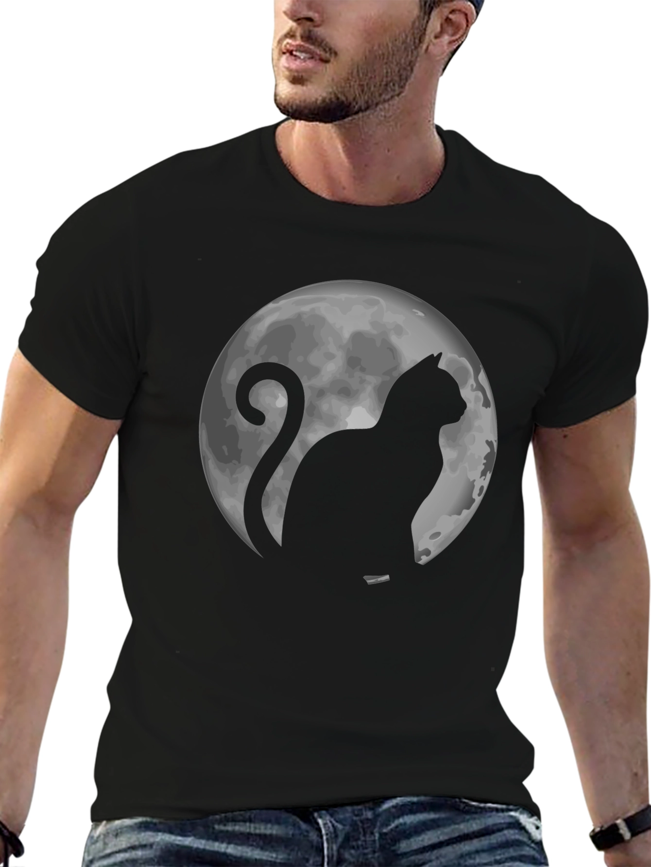 Cat & Moon Graphic Tee - Black Cotton T-Shirt