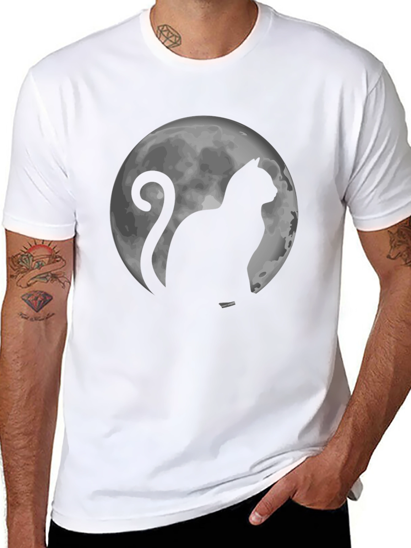 Cat & Moon Graphic Tee - Black Cotton T-Shirt