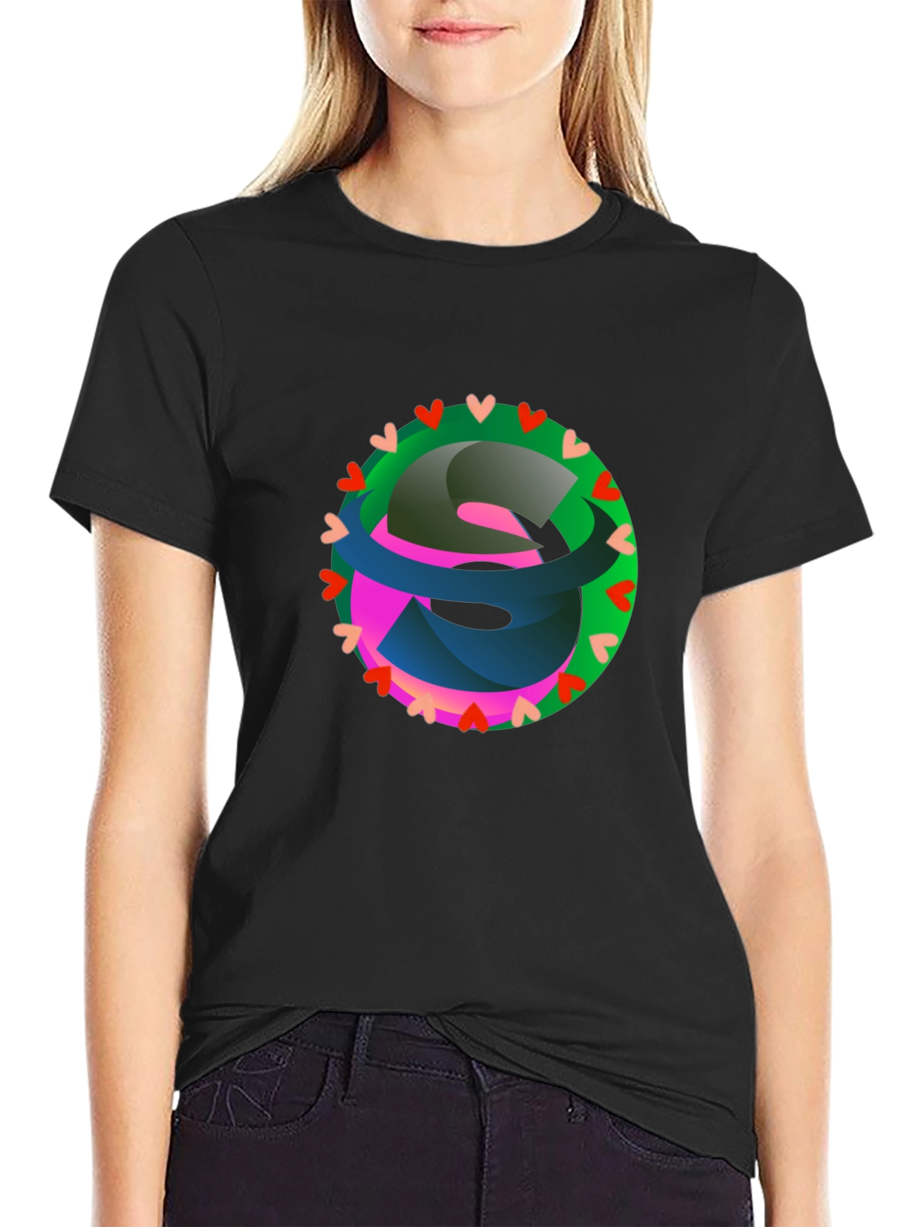 Abstract Heart Circle Graphic Black T-Shirt