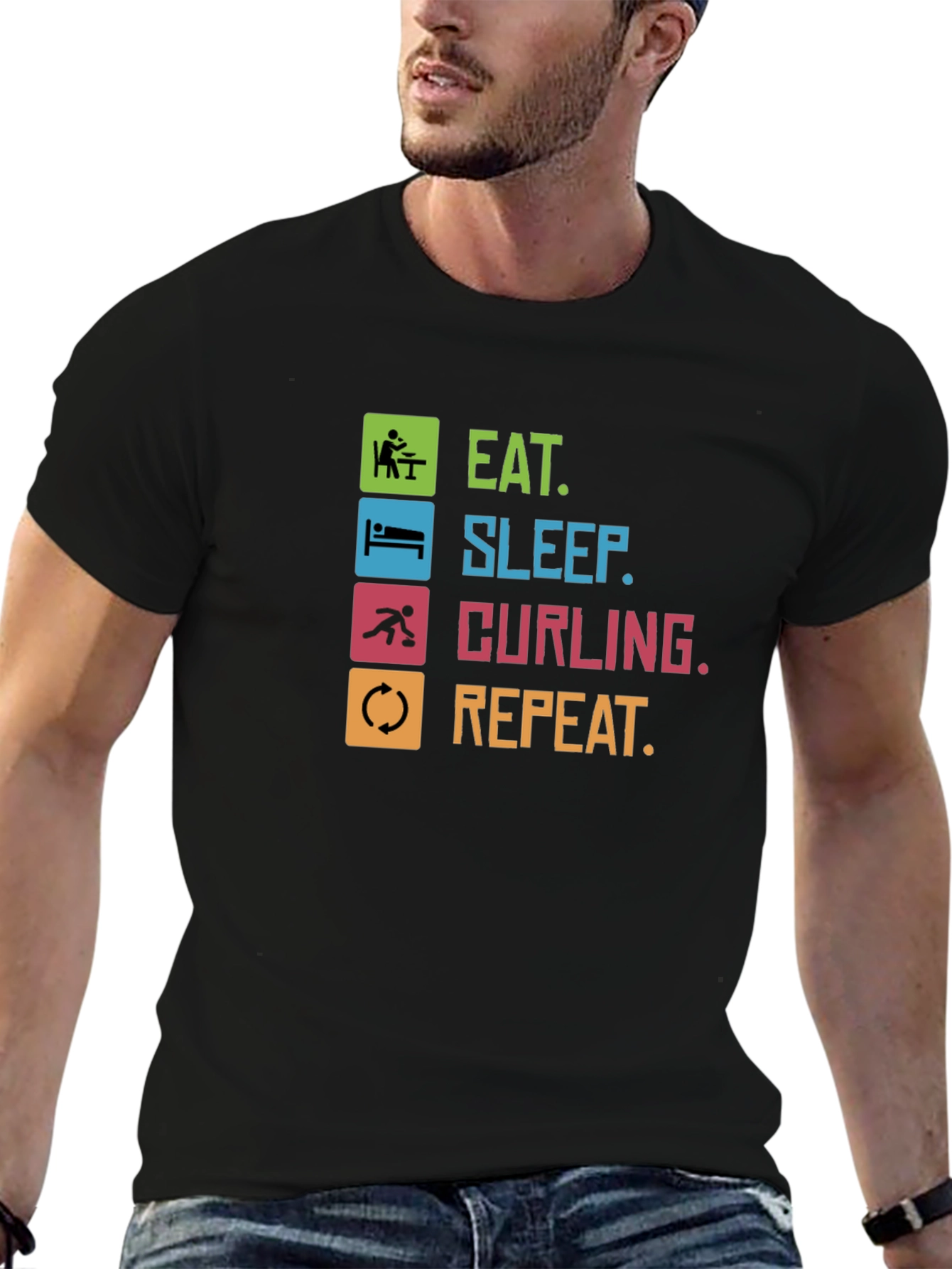 Eat Sleep Curling Repeat T-Shirt Funny Sports Tee