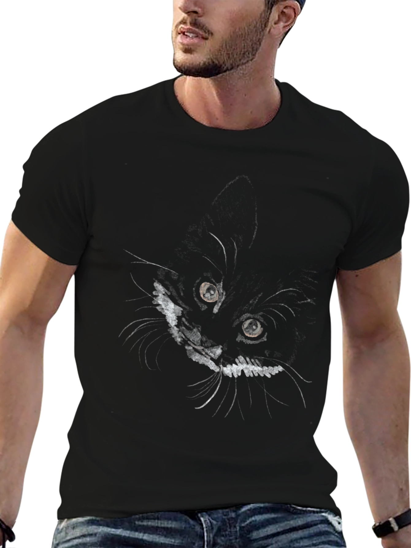 Cat Face Graphic Print Black T-Shirt