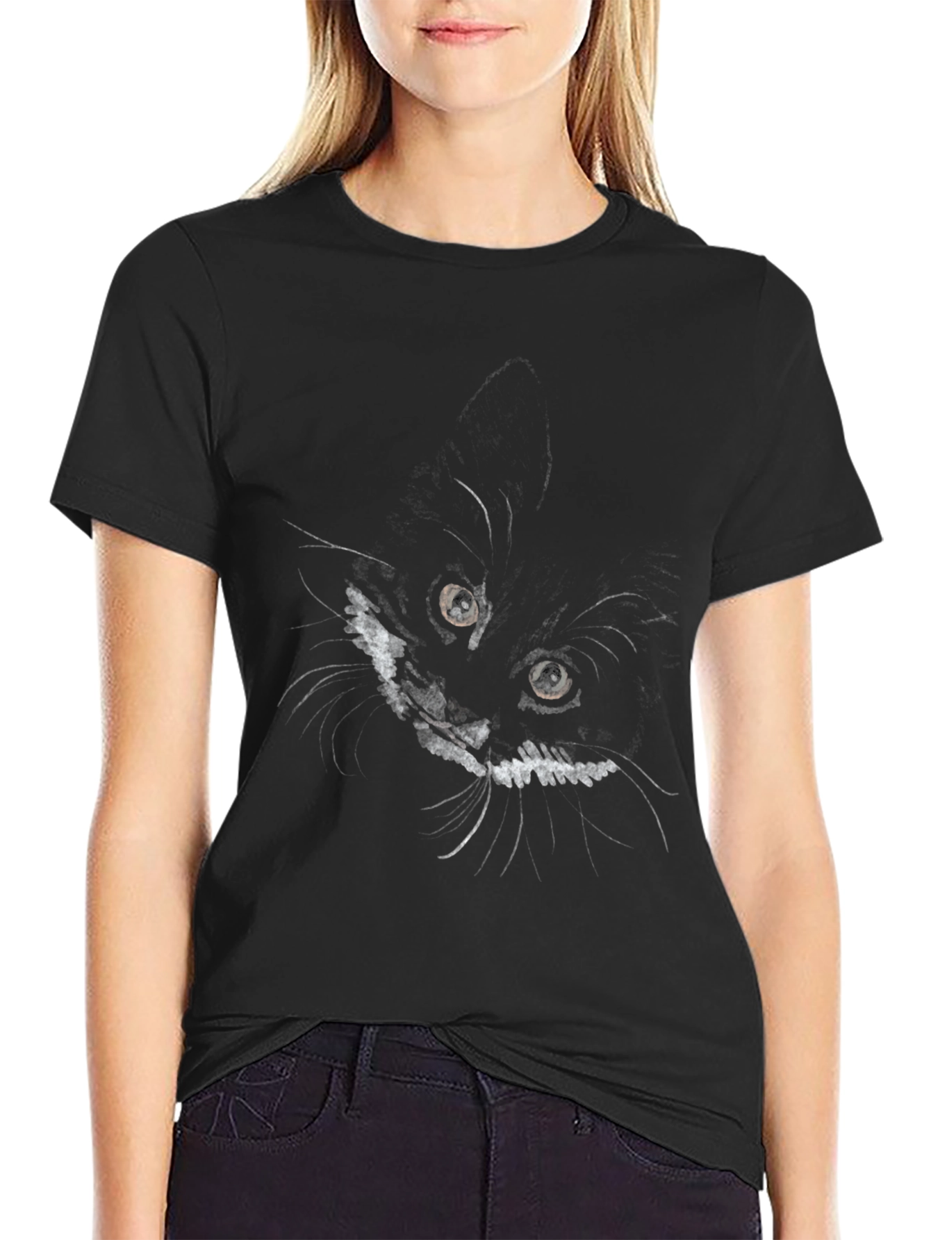 Cat Face Graphic Print Black T-Shirt