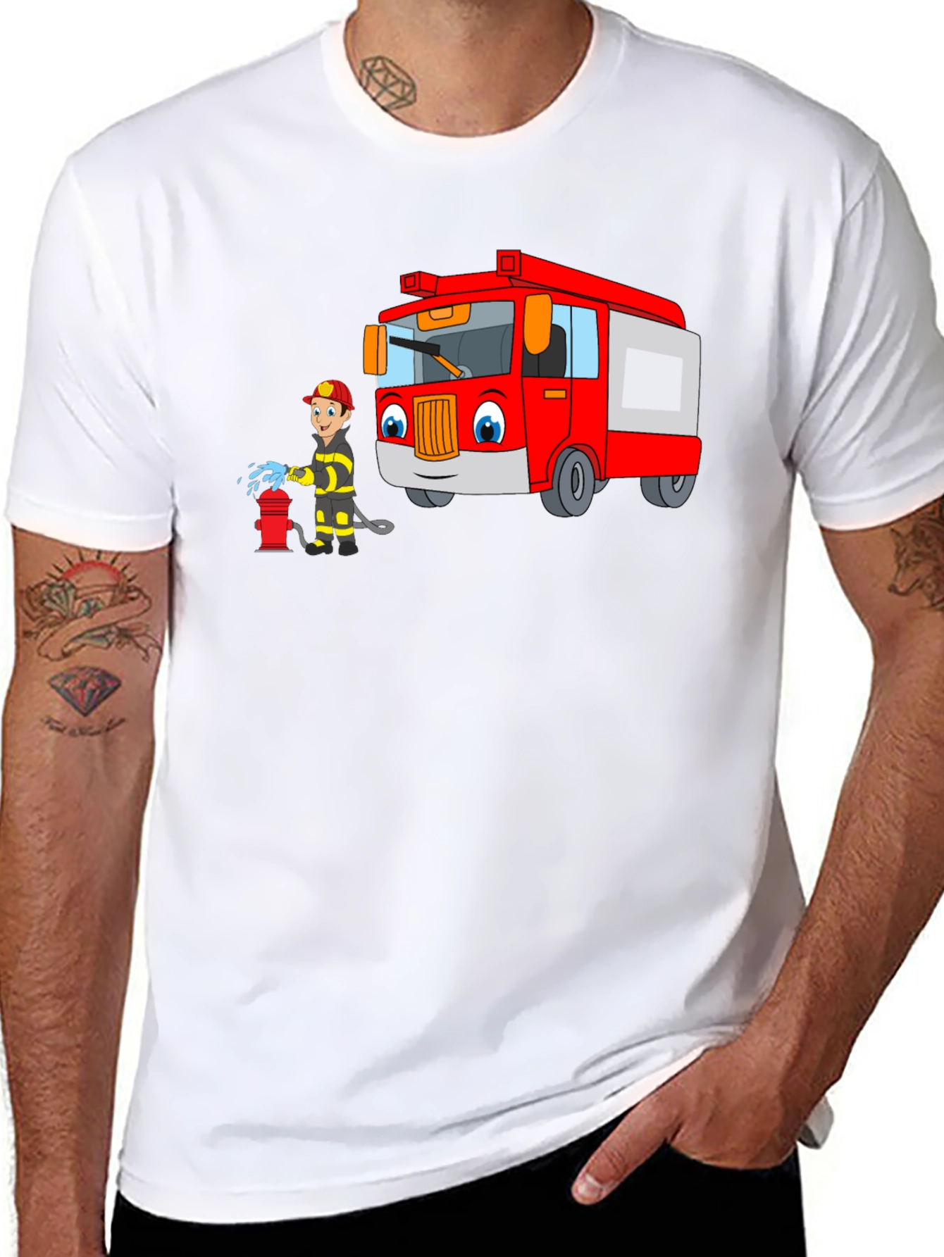 Cartoon Fire Truck & Fireman T-Shirt