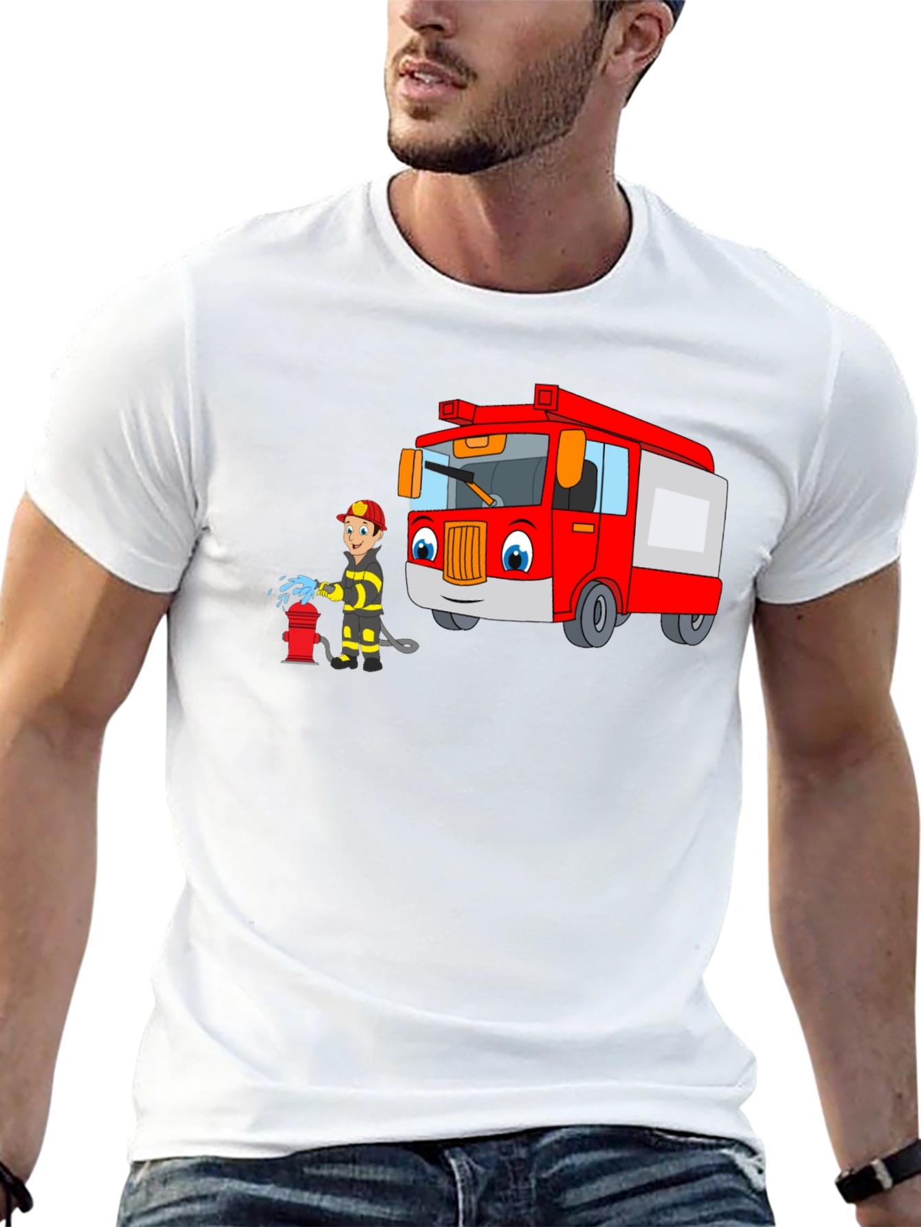 Cartoon Fire Truck & Fireman T-Shirt