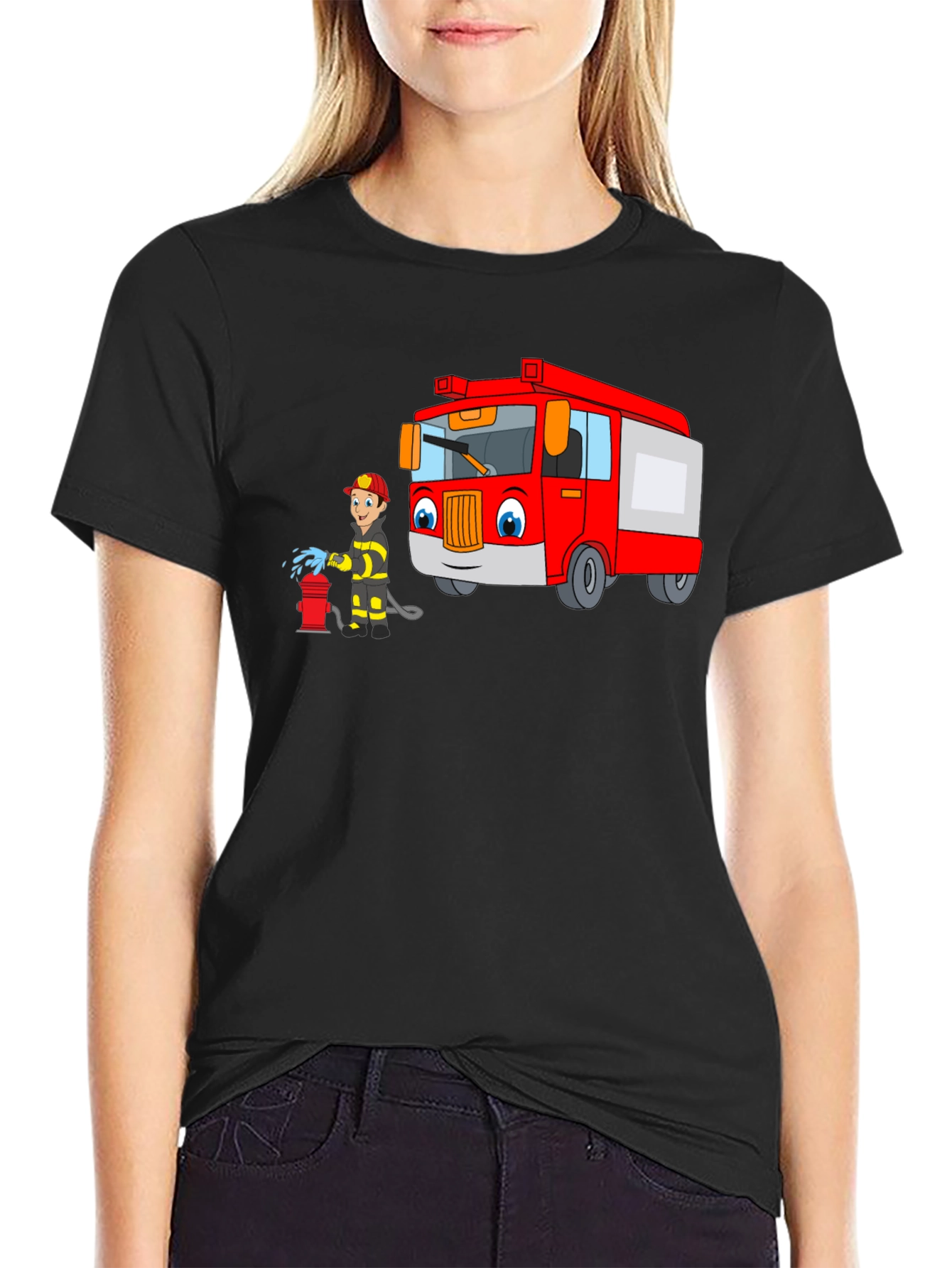 Cartoon Fire Truck & Fireman T-Shirt
