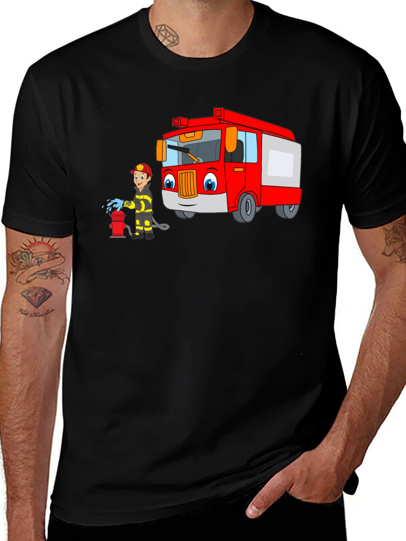 Cartoon Fire Truck & Fireman T-Shirt
