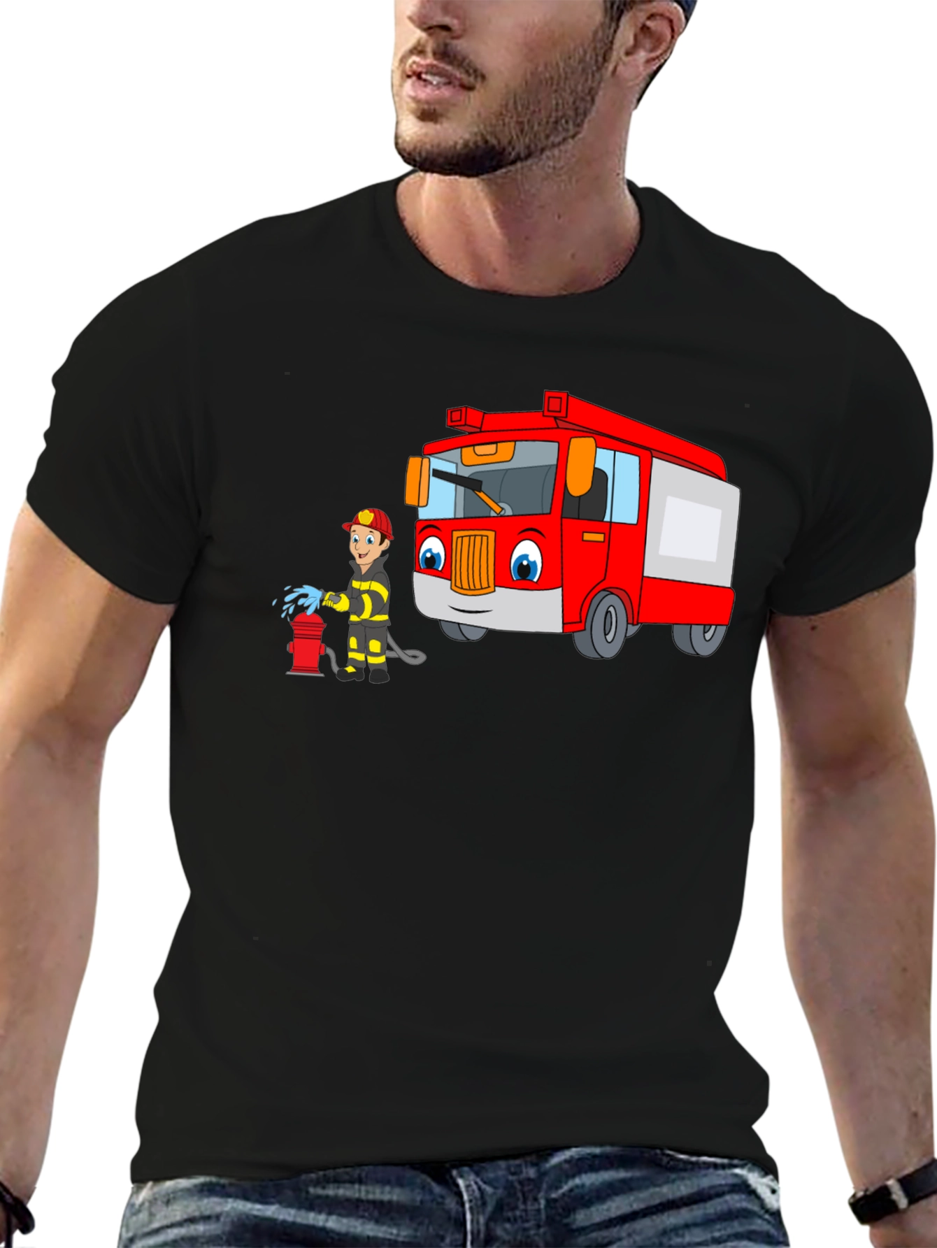 Cartoon Fire Truck & Fireman T-Shirt