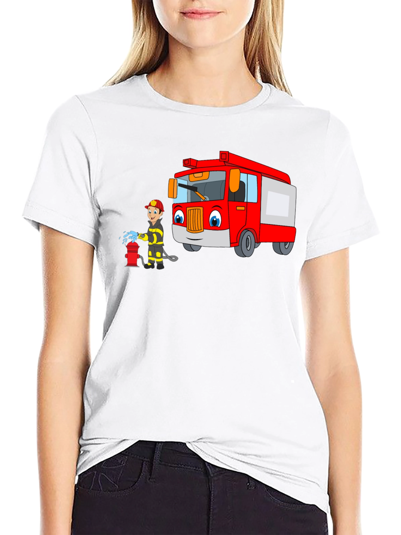 Cartoon Fire Truck & Fireman T-Shirt