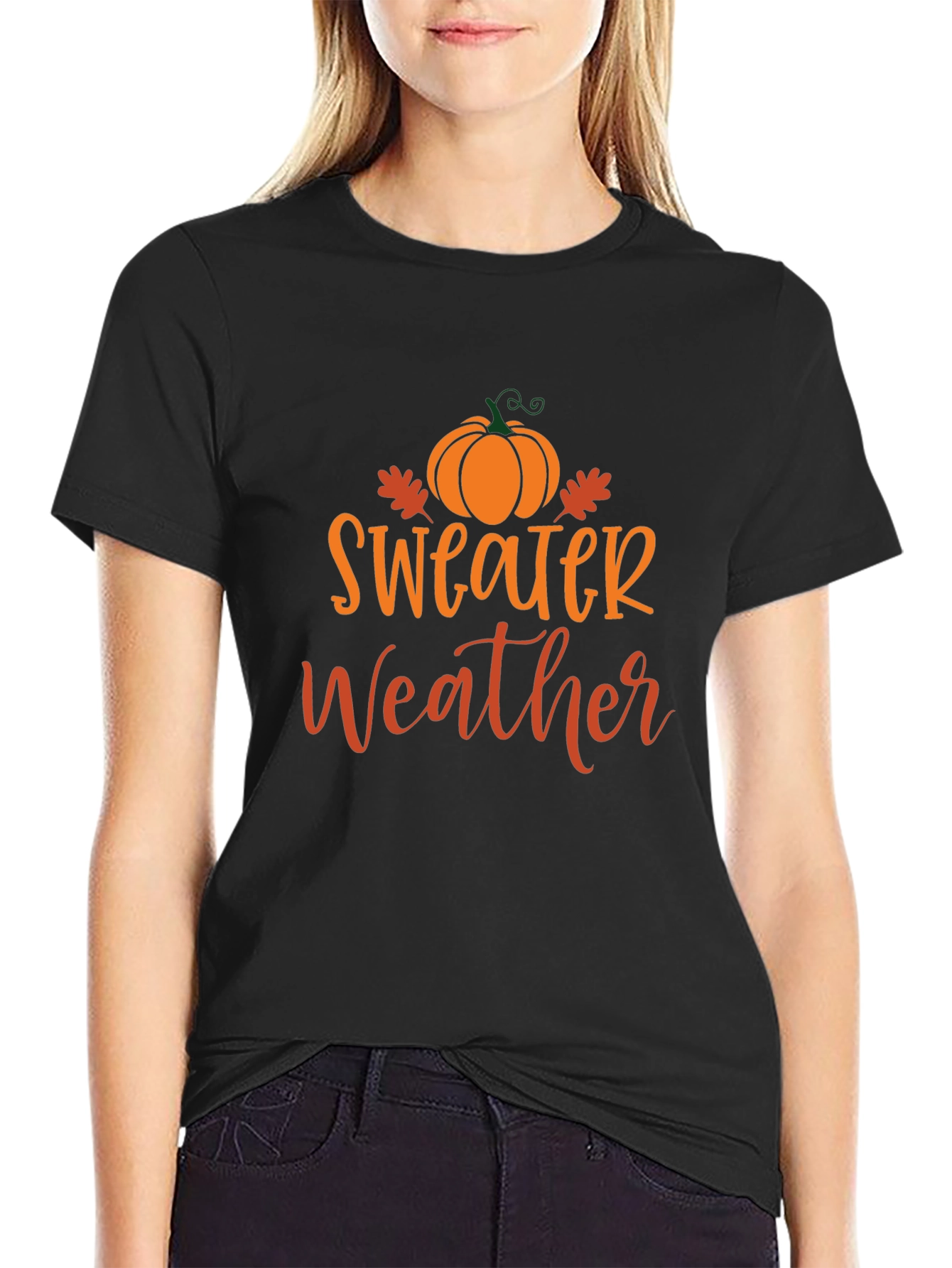Sweater Weather Black T-Shirt with Pumpkin Design