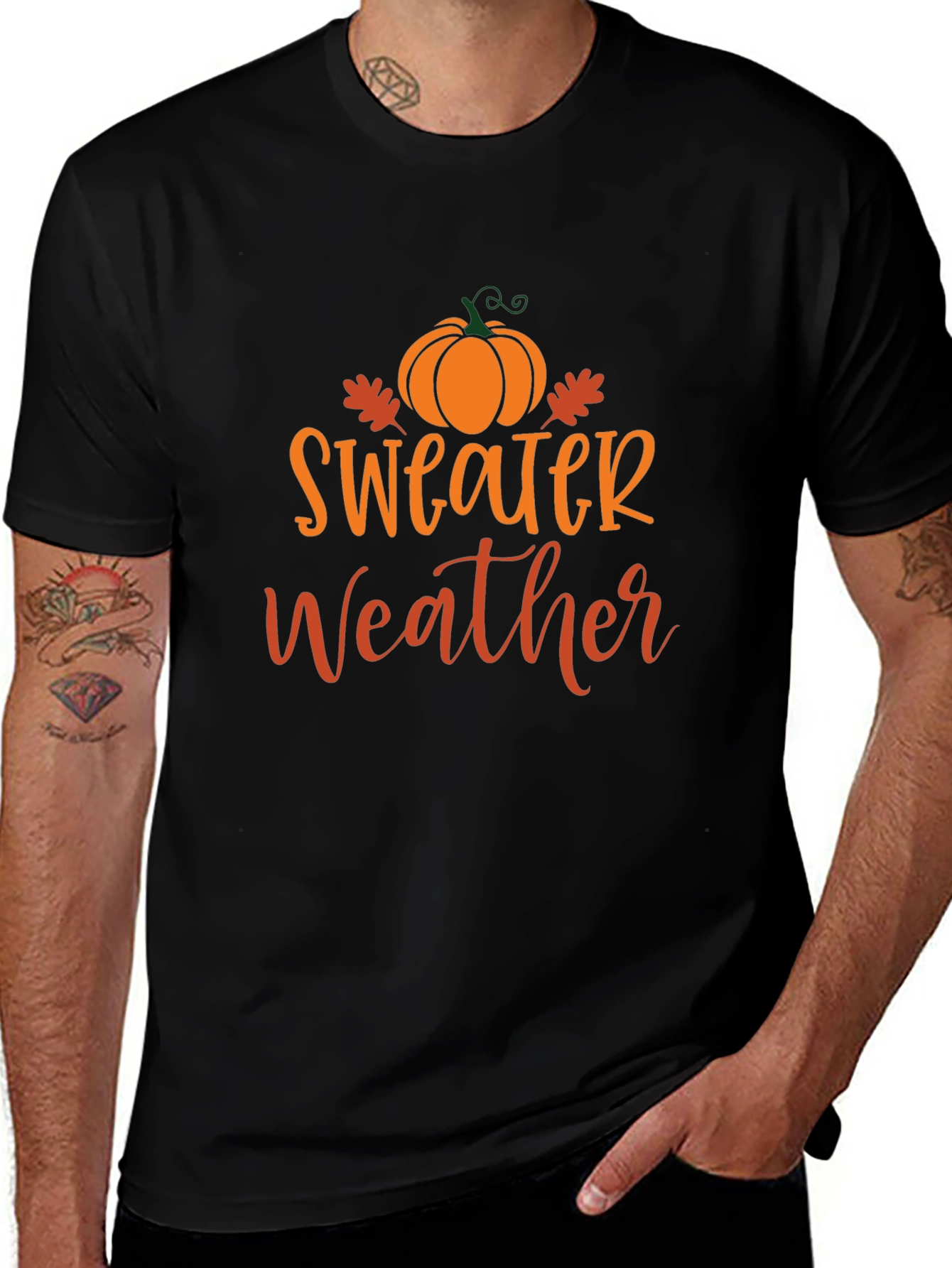 Sweater Weather Black T-Shirt with Pumpkin Design