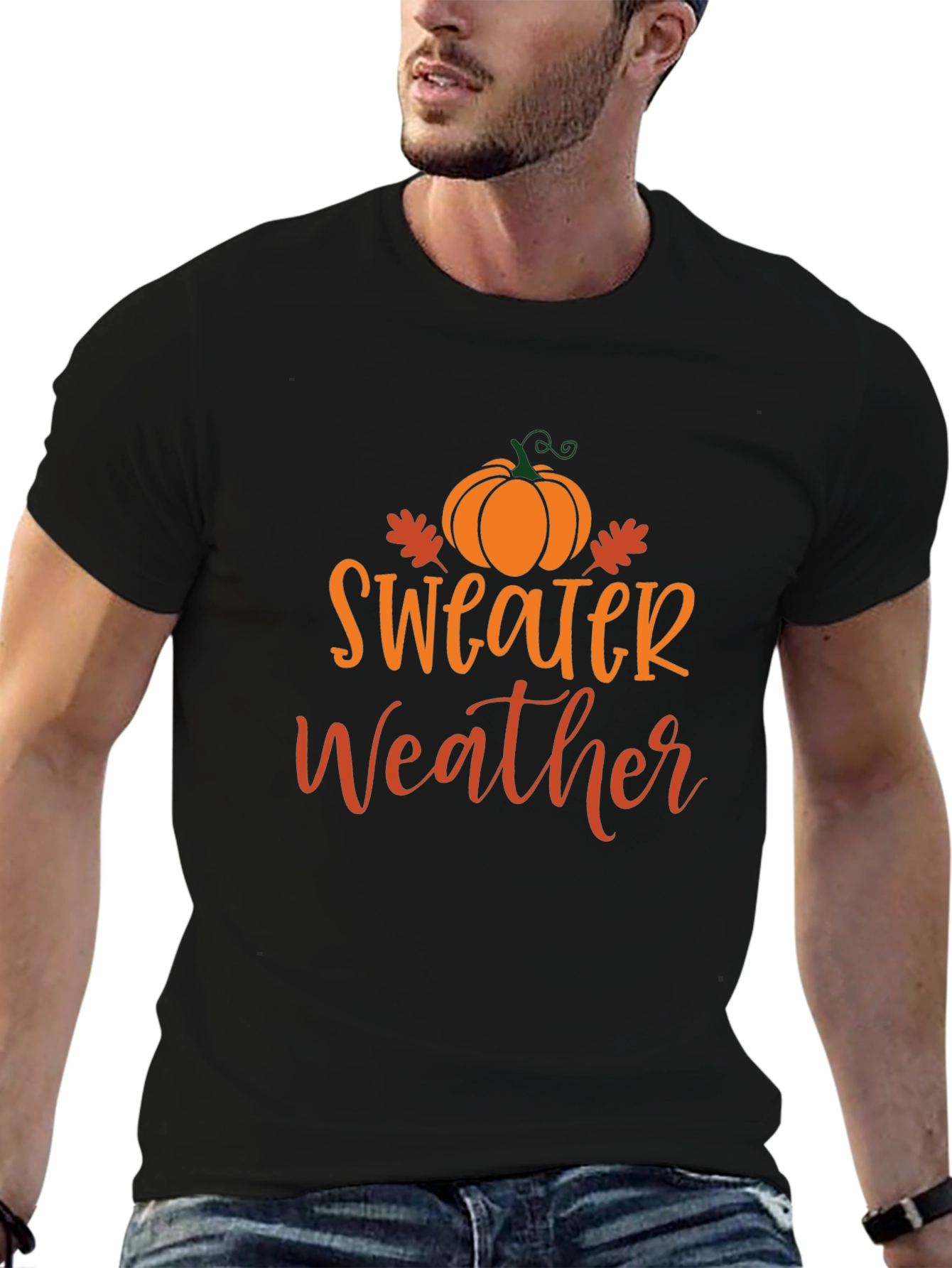 Sweater Weather Black T-Shirt with Pumpkin Design