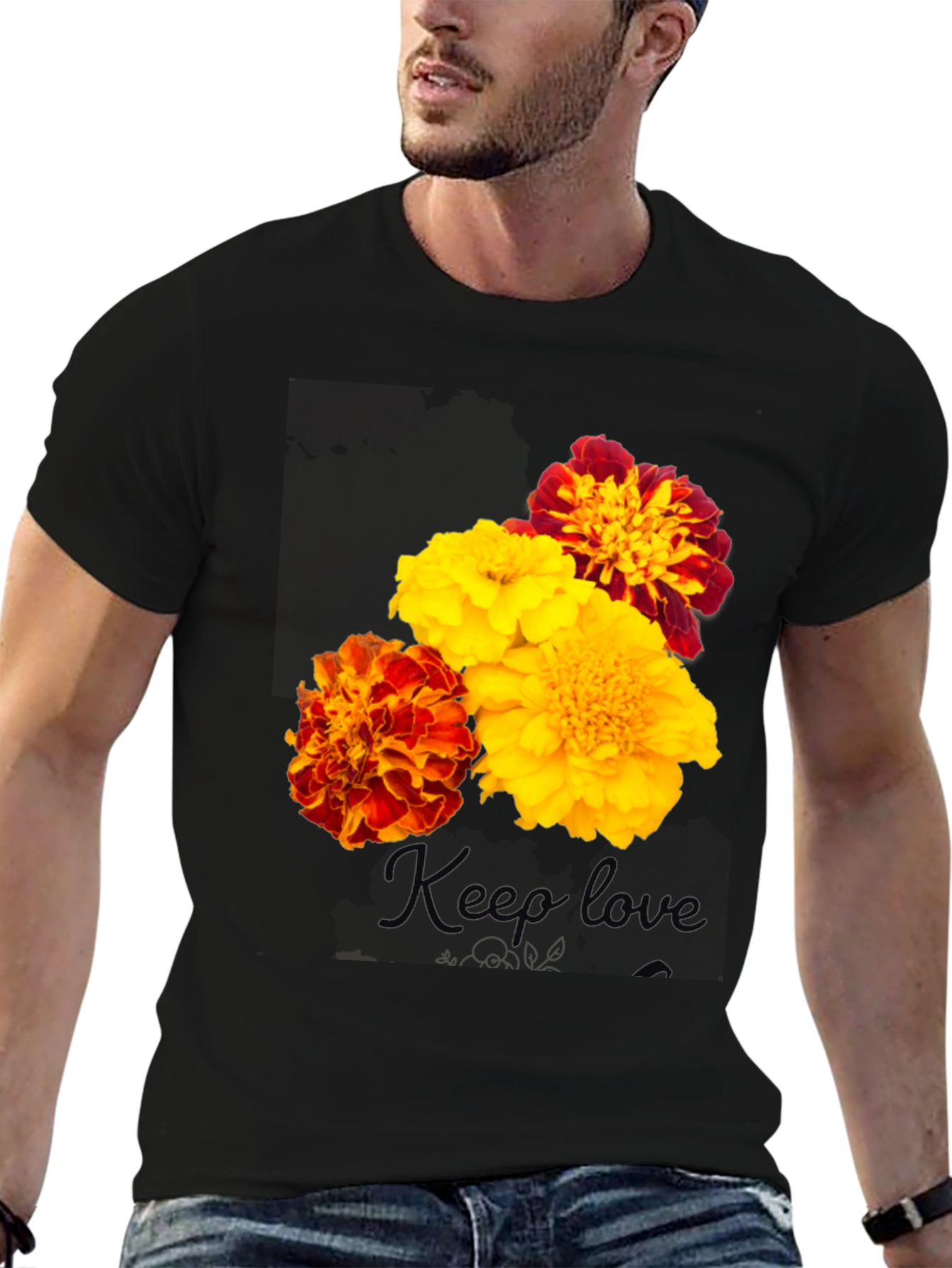 Floral Marigold Graphic Print T-Shirt - Black