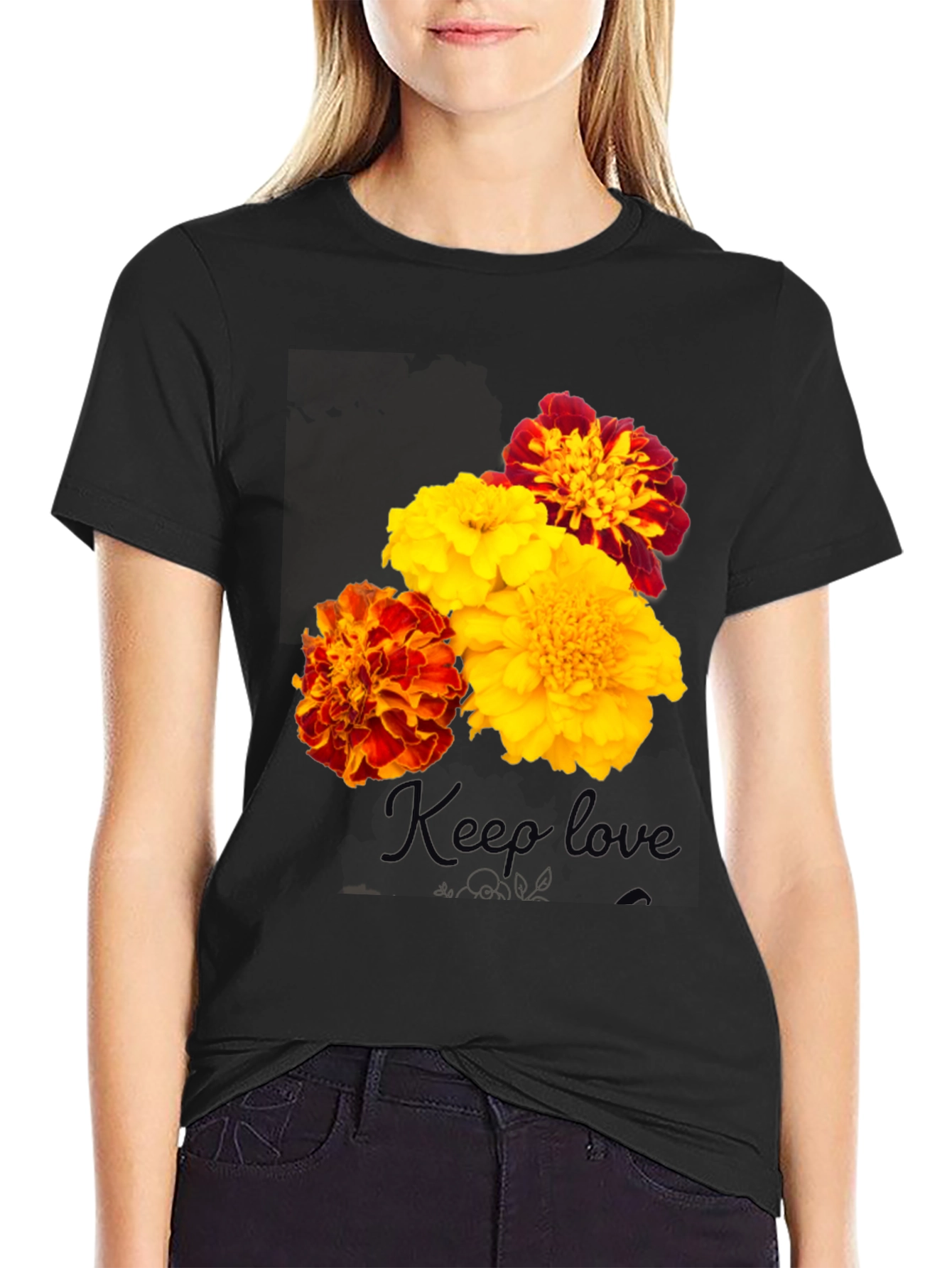 Floral Marigold Graphic Print T-Shirt - Black