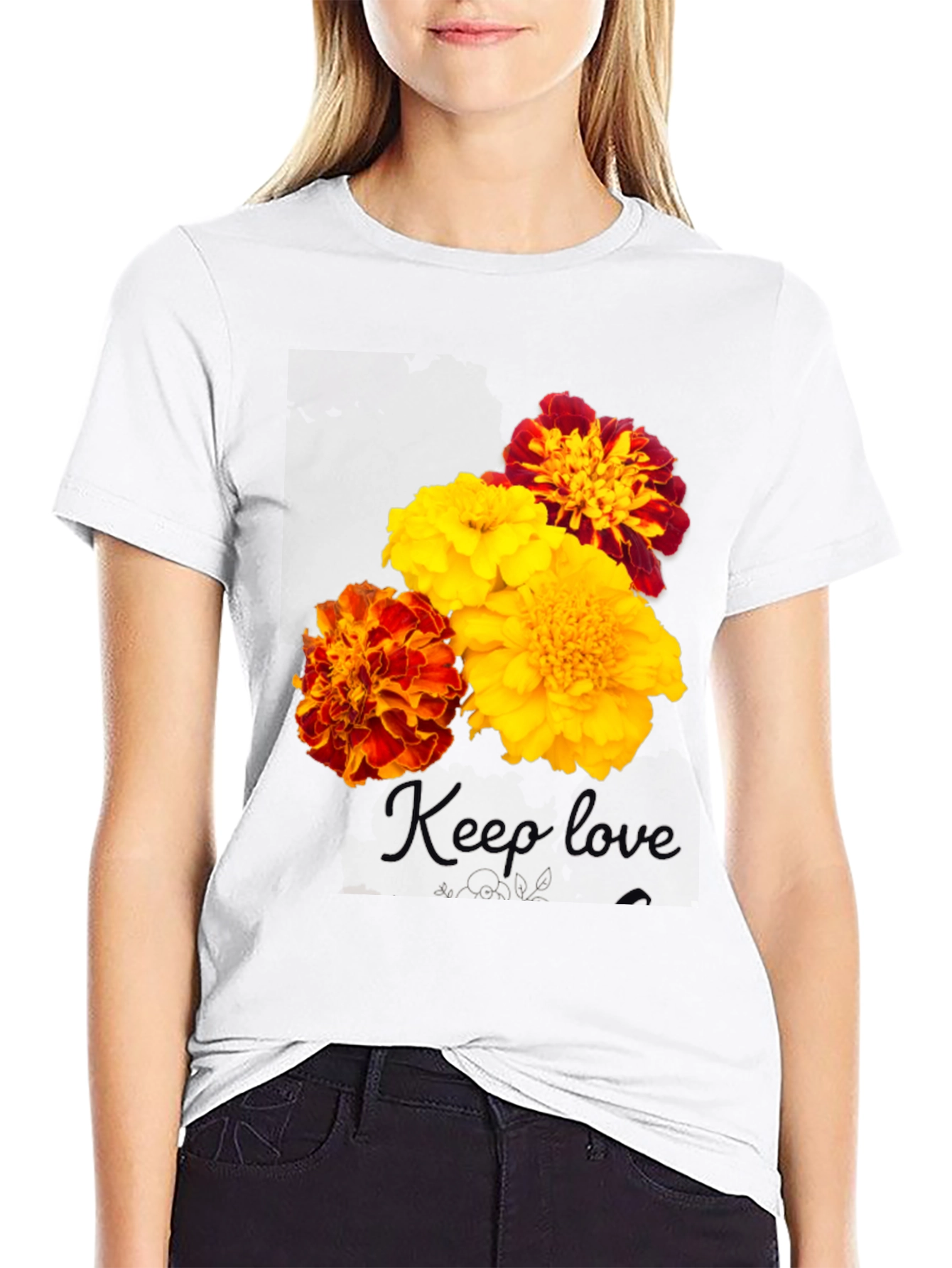 Floral Marigold Graphic Print T-Shirt - Black