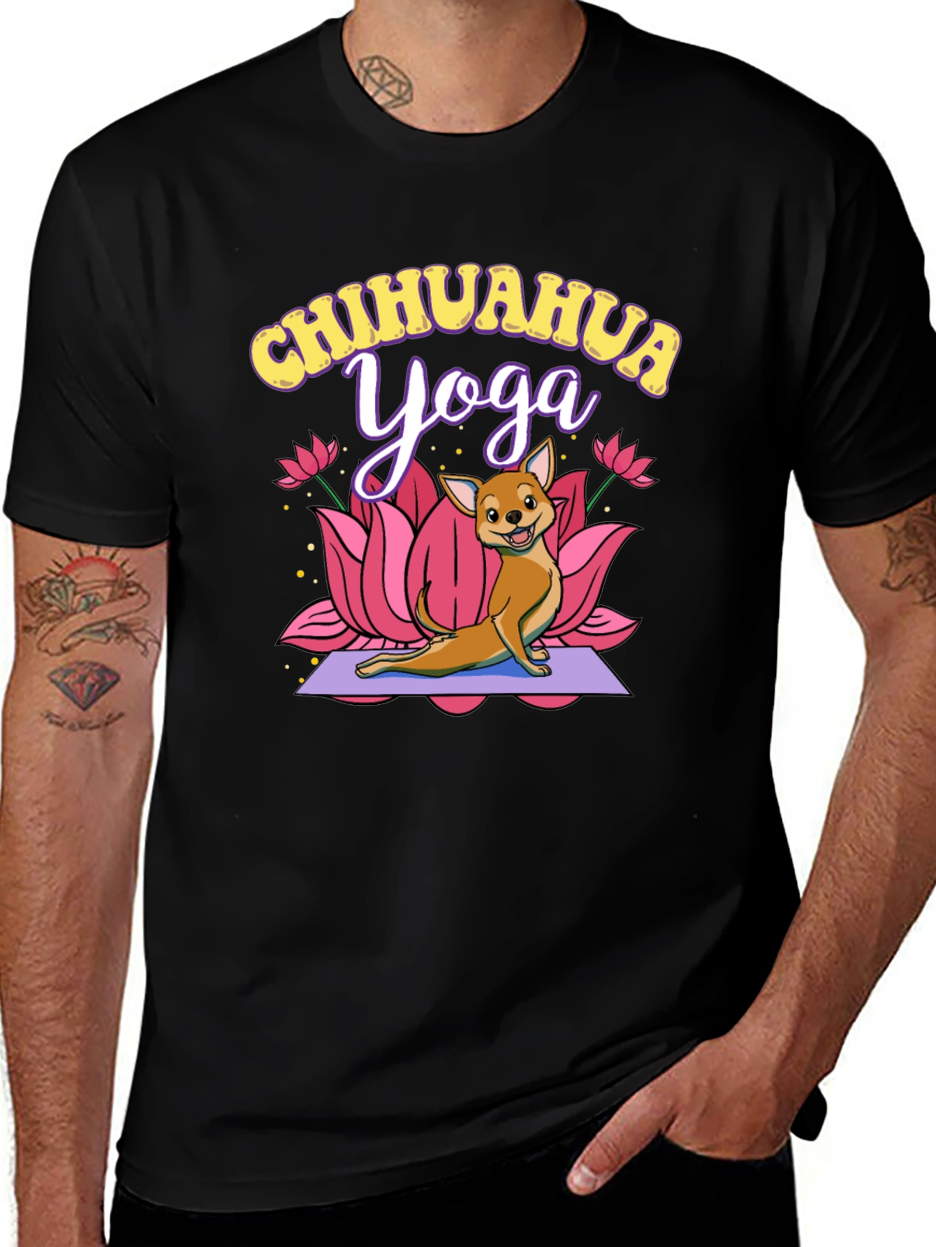 Chihuahua Yoga Graphic Tee - Black Cotton T-Shirt