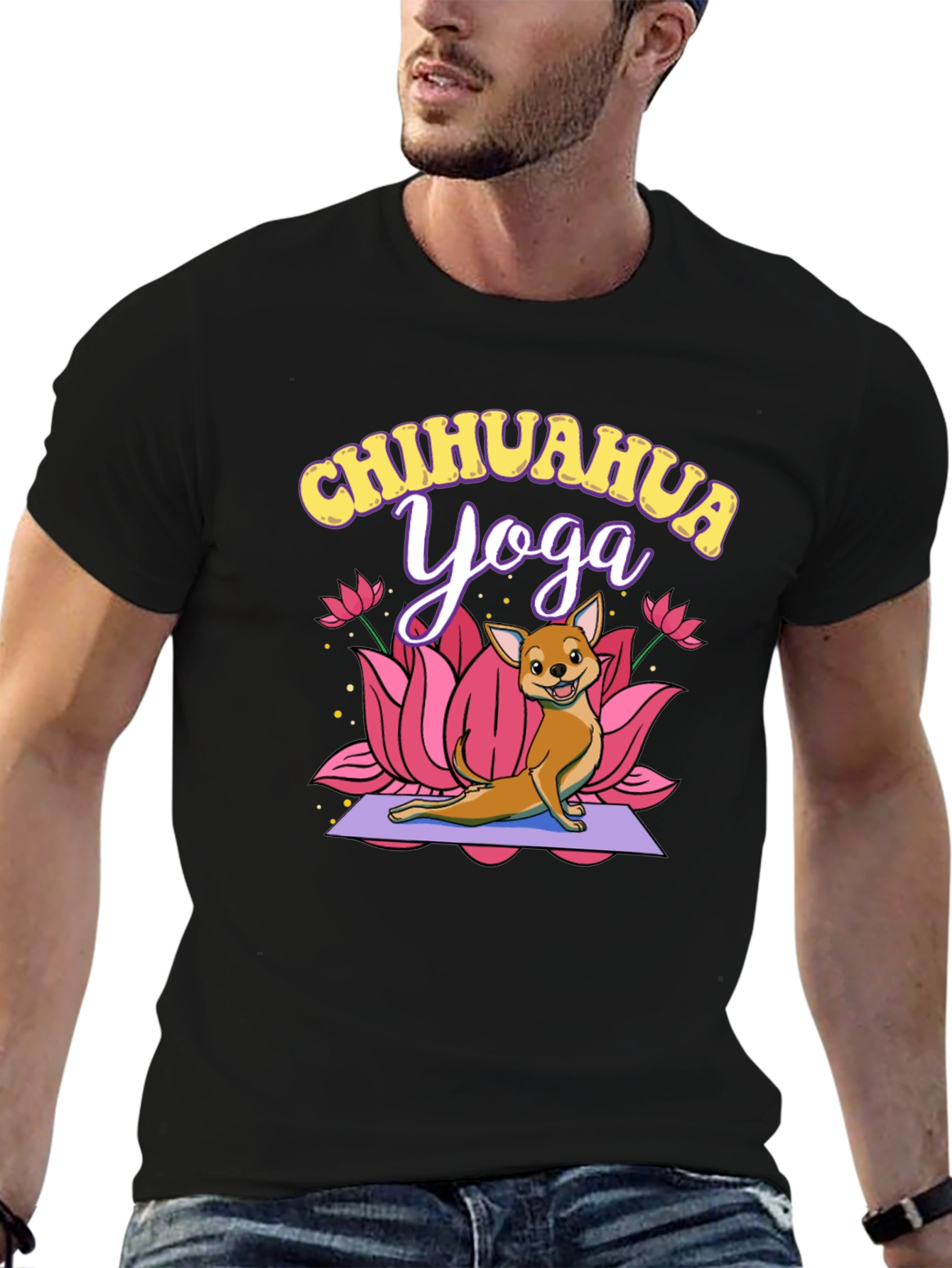 Chihuahua Yoga Graphic Tee - Black Cotton T-Shirt