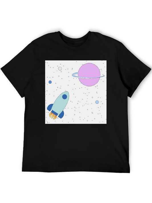 Space Rocket & Planet Graphic Tee - Mens Black T-Shirt