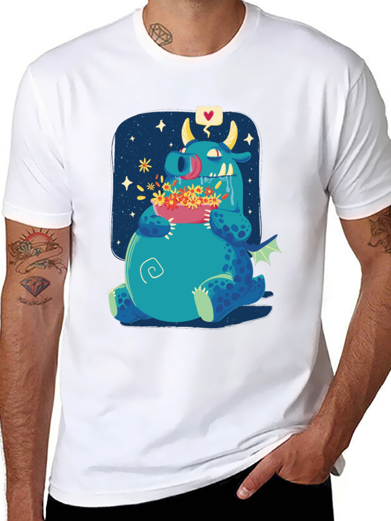 Cute Dragon Eating Flowers Graphic Tee