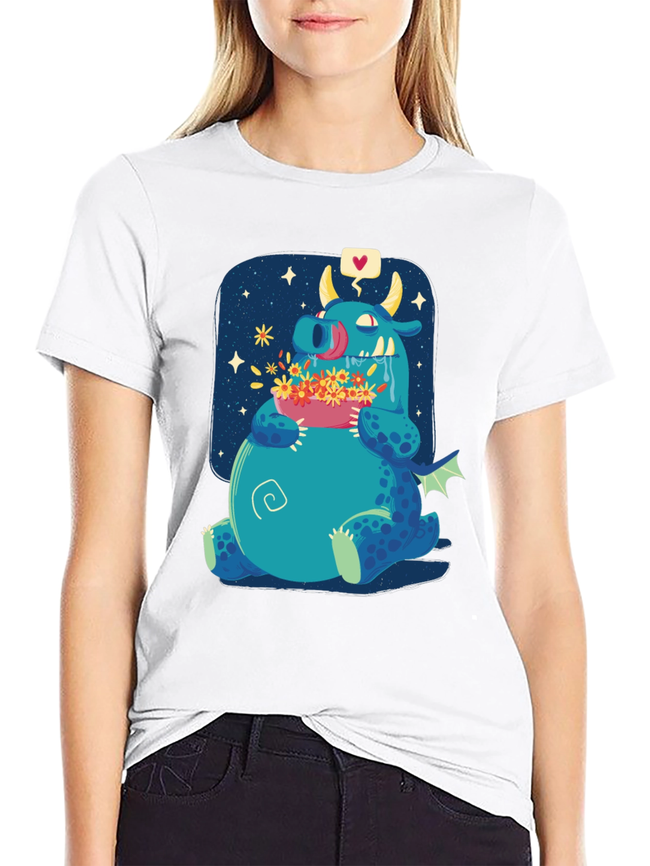 Cute Dragon Eating Flowers Graphic Tee