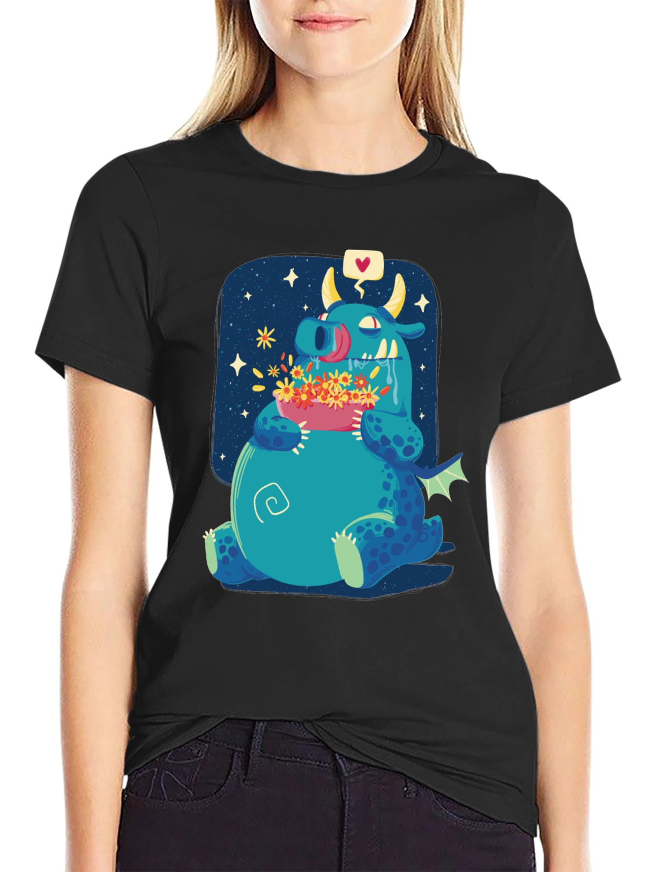 Cute Dragon Eating Flowers Graphic Tee