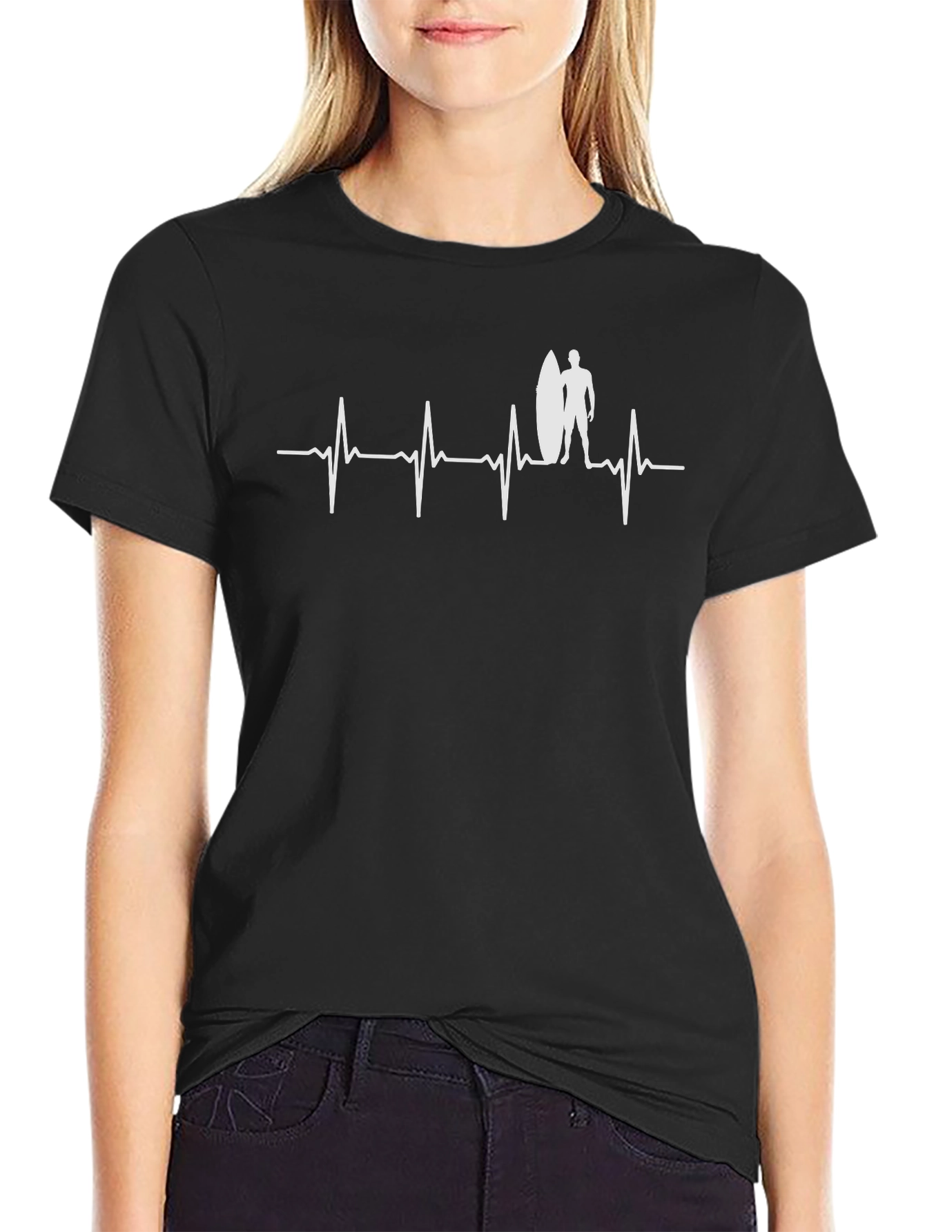 Surfer Heartbeat Graphic T-Shirt - Black