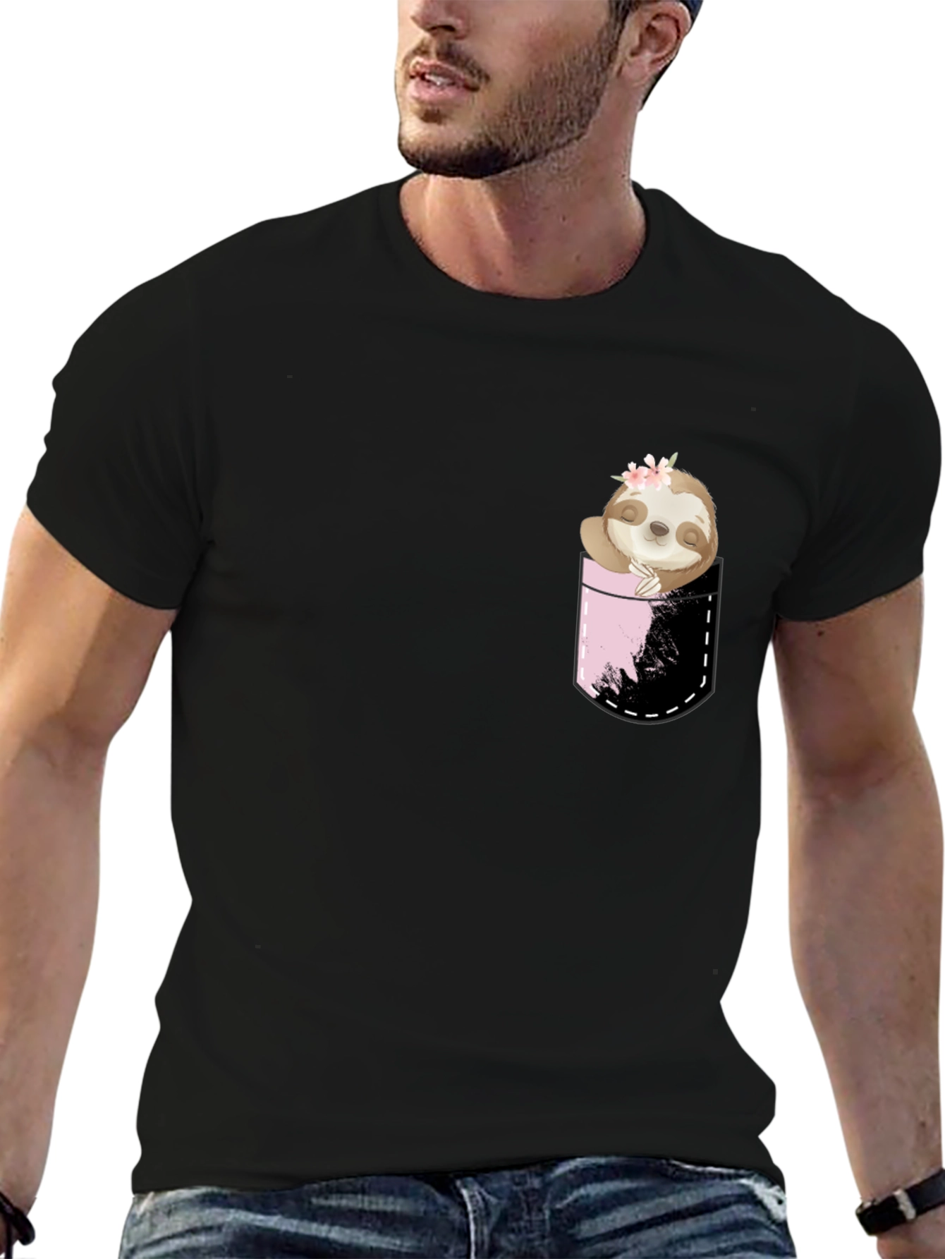 Sloth Pocket Print Black T-Shirt