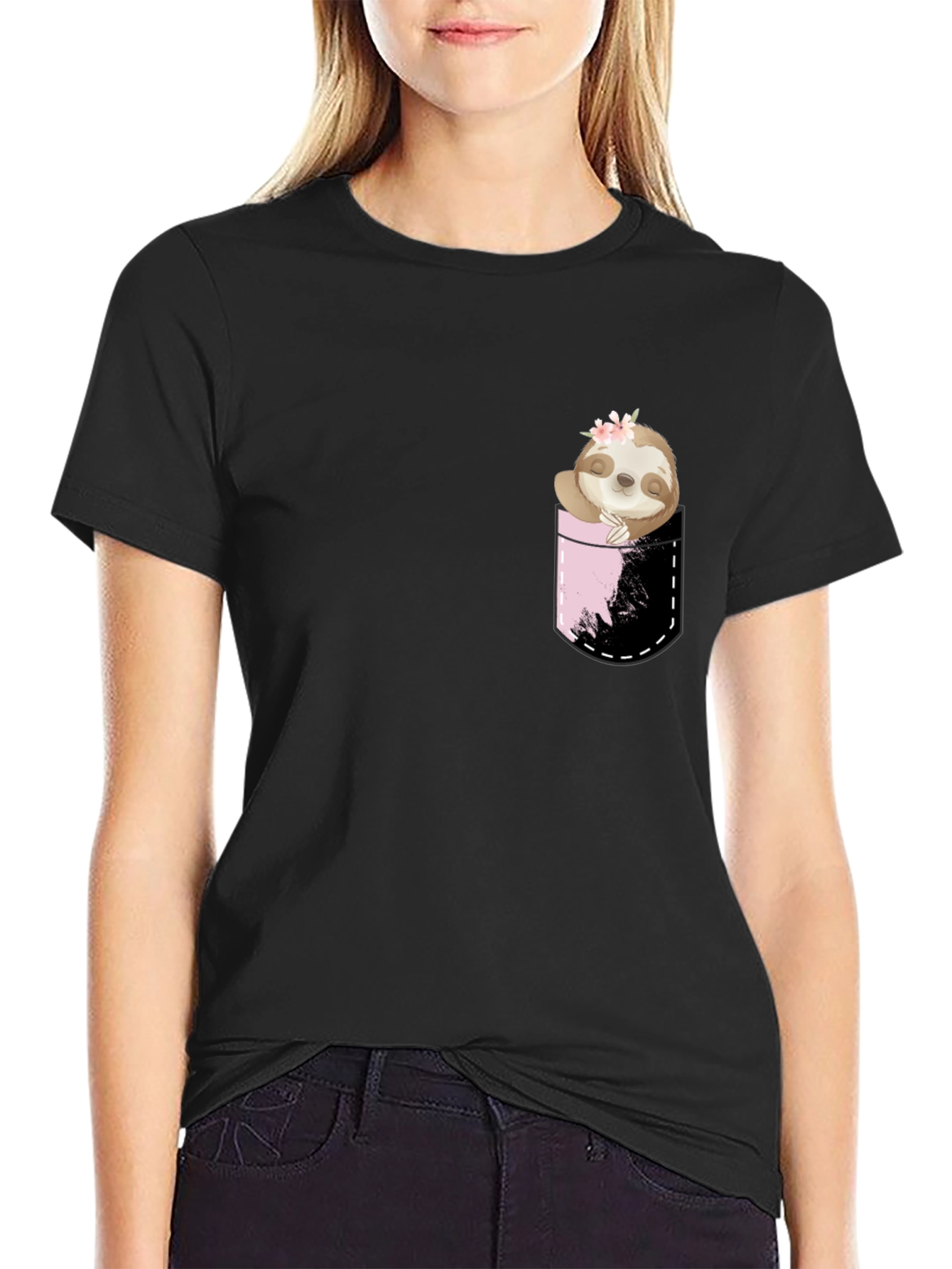 Sloth Pocket Print Black T-Shirt