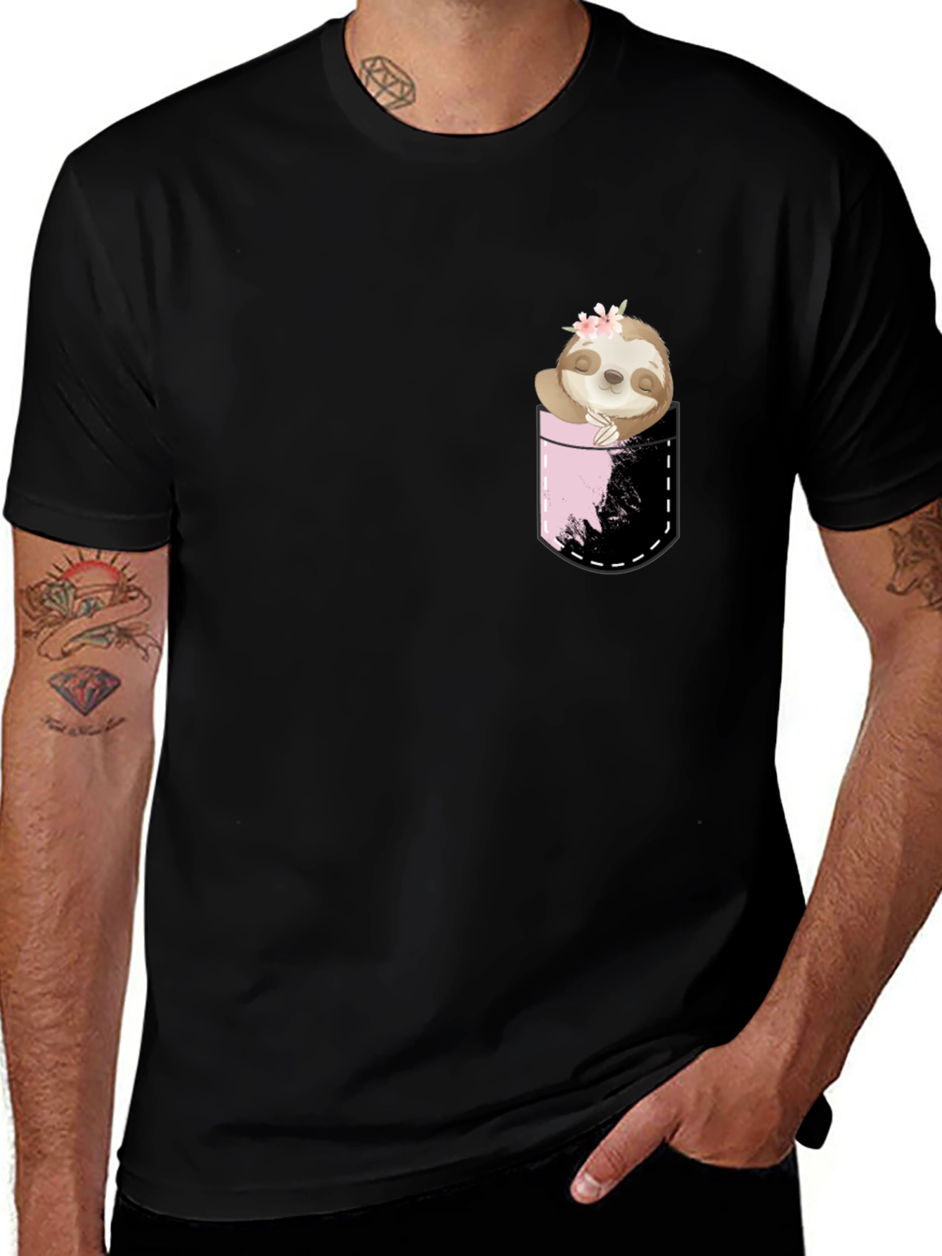 Sloth Pocket Print Black T-Shirt