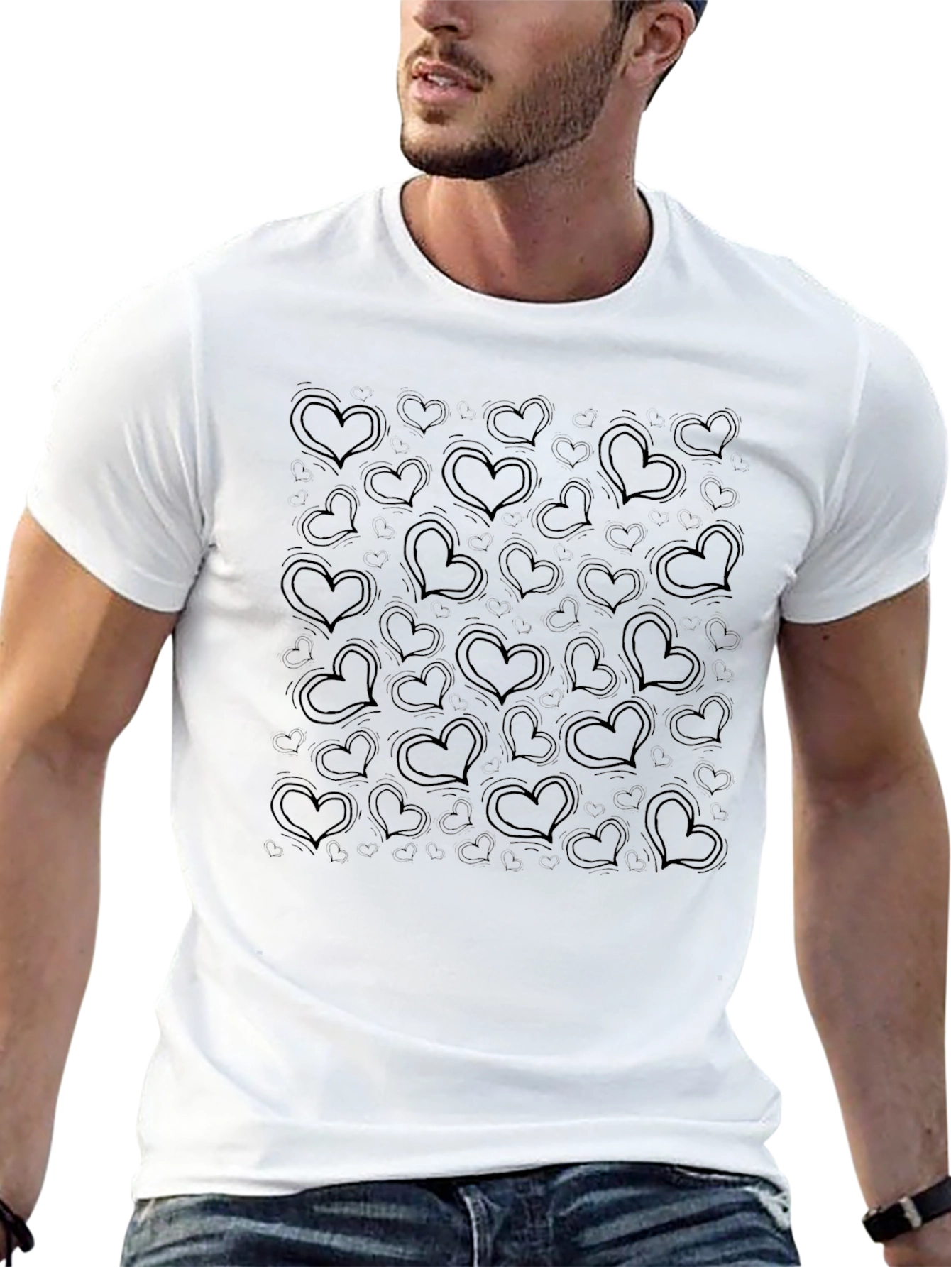 Heart Print Black Casual T-Shirt