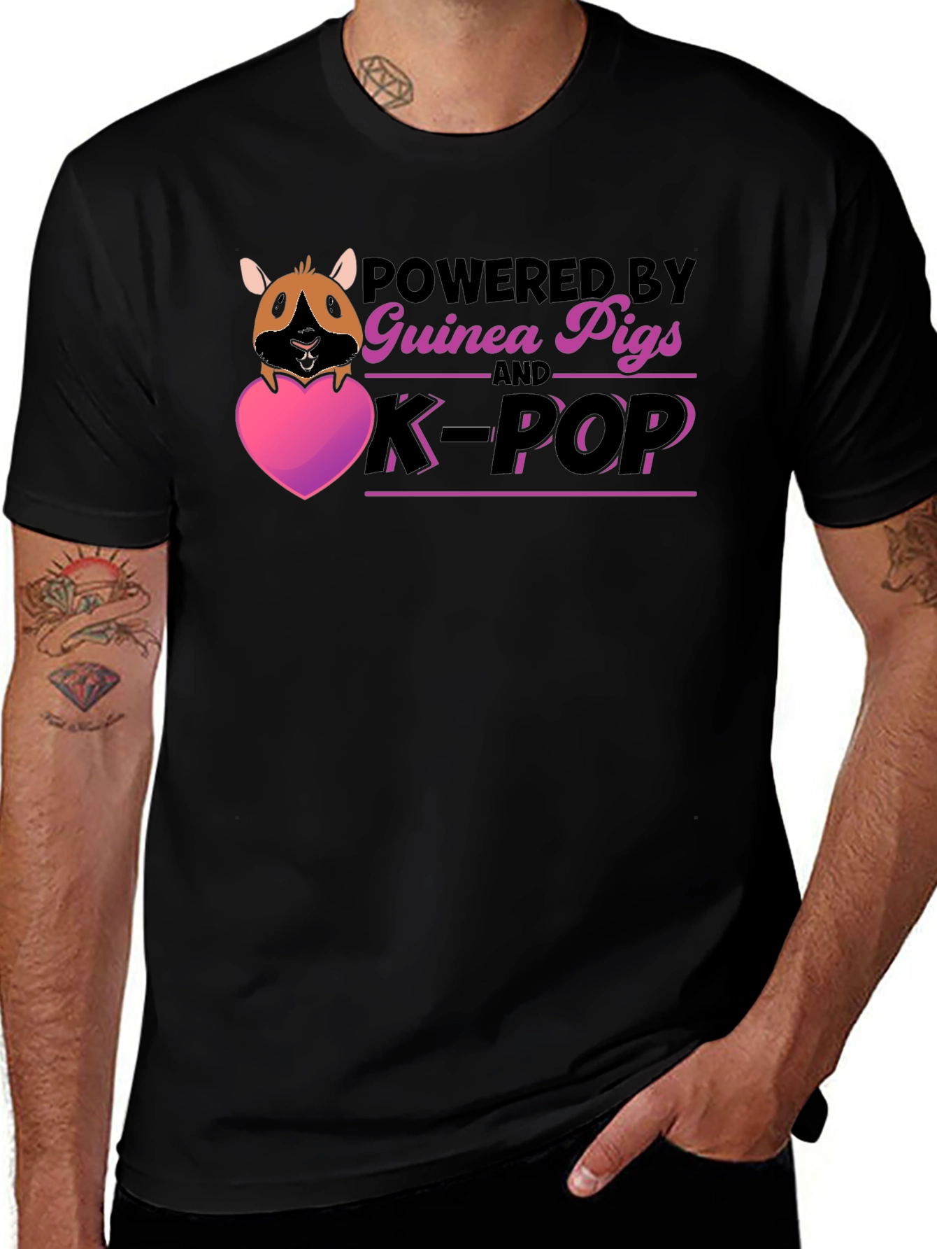 Guinea Pig & K-Pop Powered Black T-Shirt