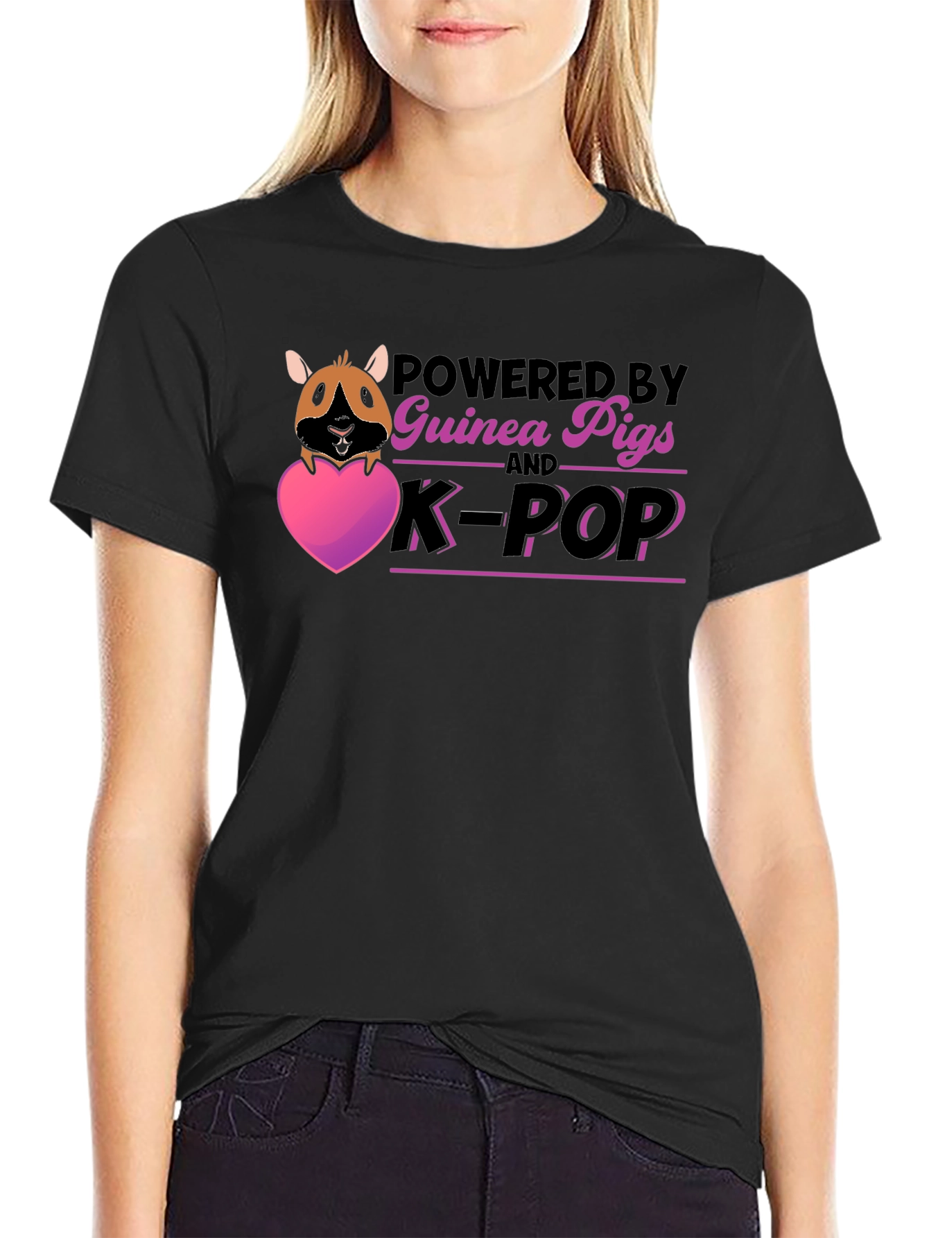 Guinea Pig & K-Pop Powered Black T-Shirt
