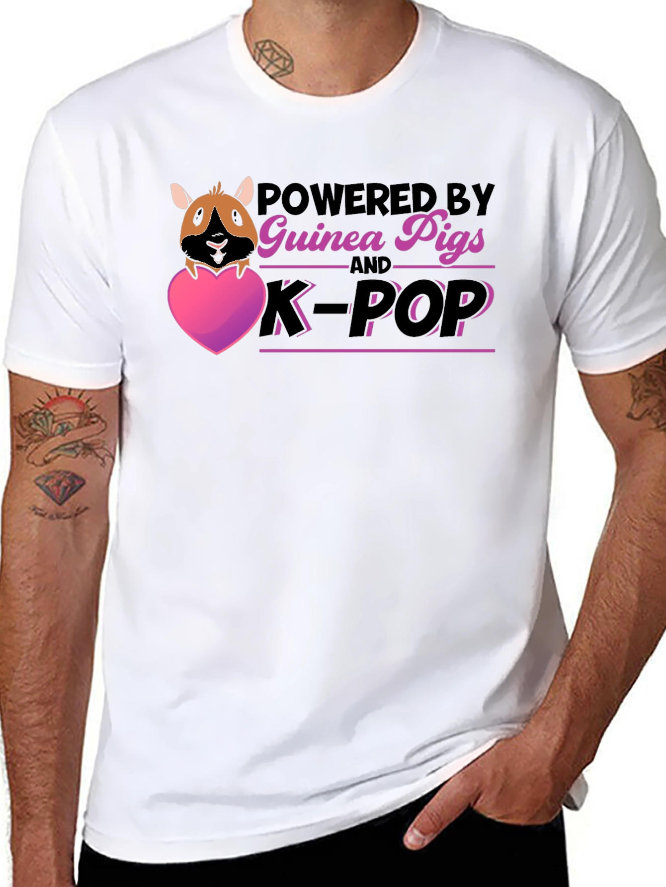 Guinea Pig & K-Pop Powered Black T-Shirt