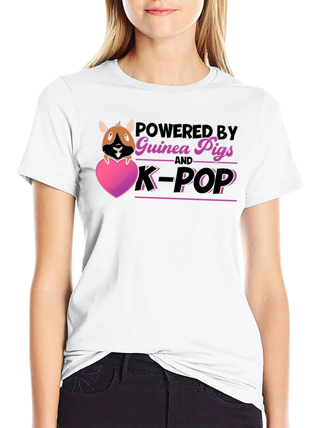 Guinea Pig & K-Pop Powered Black T-Shirt